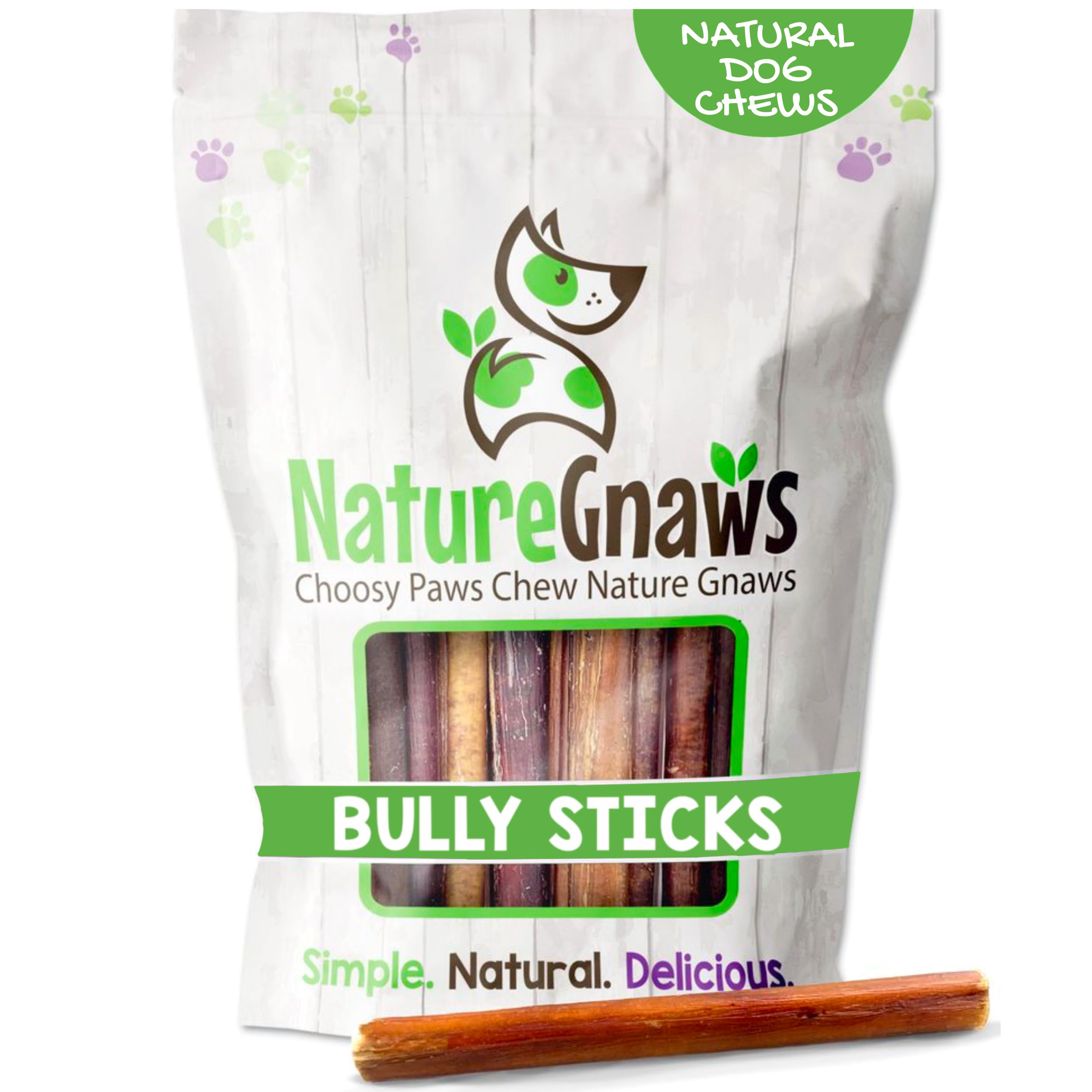Nature Gnaws Bully Sticks for Dogs 5-6 (8oz) - Mixed Thickness - Long Lasting for Aggressive Chewers and Large Dogs - Natural Be