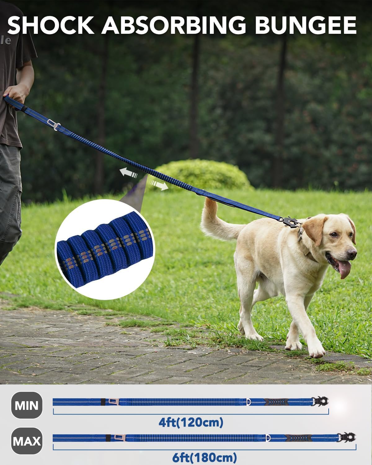 Joytale Tactical Dog Leash - 4-6FT Shock Absorbing Bungee, Nylon, Navy Blue, Model J-A36004-NB, Heavy Duty with 2 Padded Handles