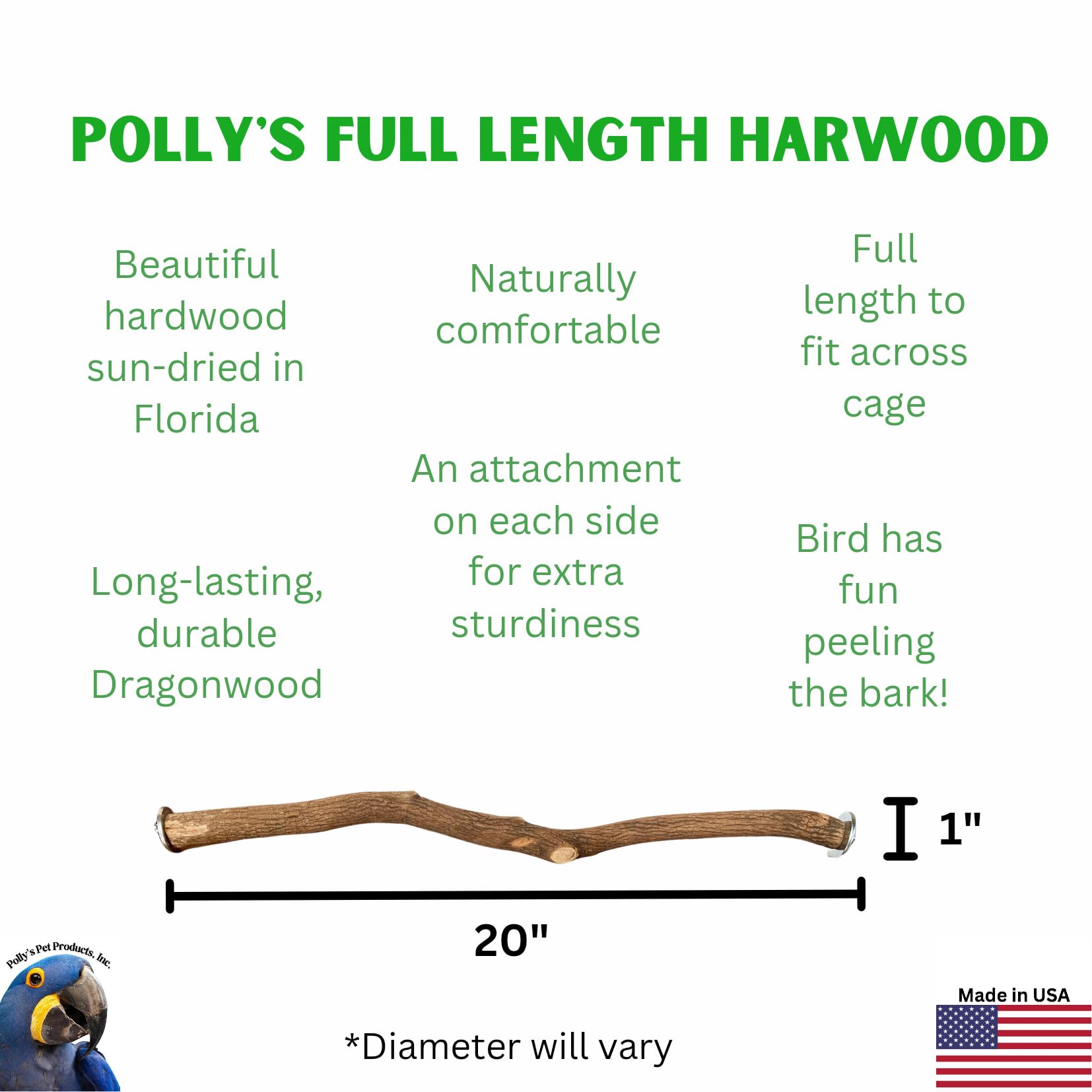 Polly'S Full Length Hardwood Bird Perch, 20-Inch