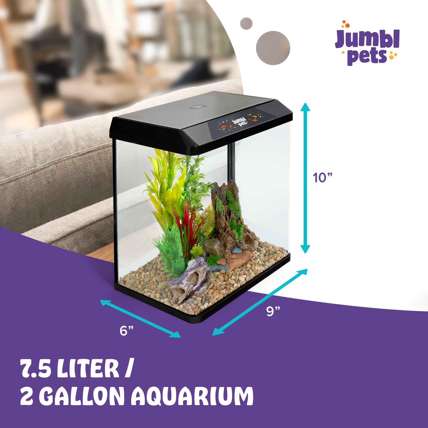 JumblPets Starter Fish Aquarium Kit, 2 Gallon, Complete Beginner Glass Fish Tanks Set with LED Lighting, Internal Filtration Sys
