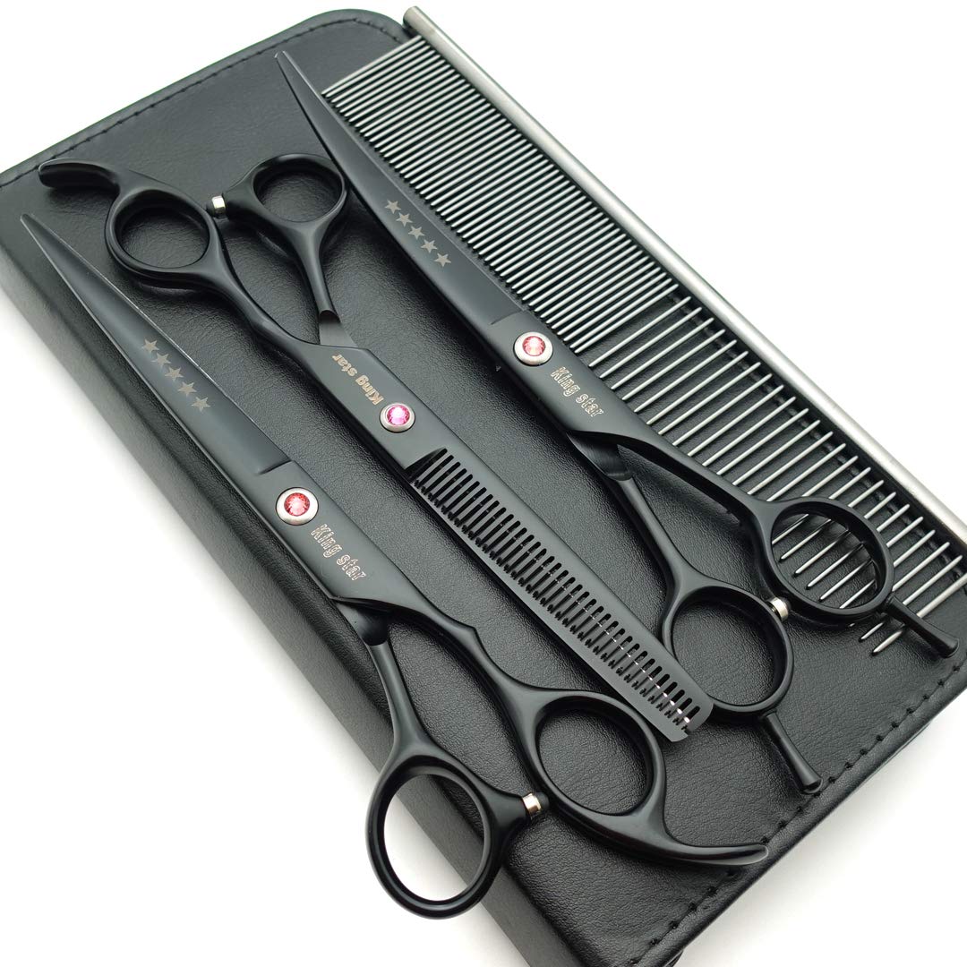 Kingstar 7.0In. Matt Black Professional Pet Grooming Scissors Set,Straight & Thinning & Curved Scissors Set With Comb Case A389