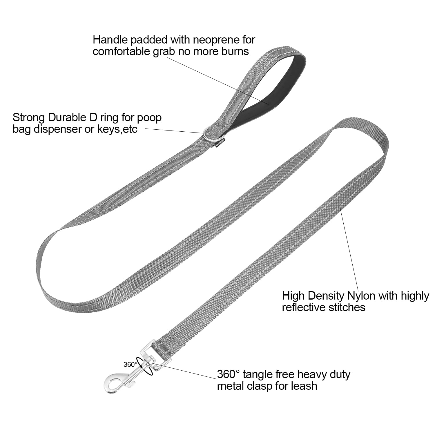 Usunyvora Reflective Nylon Dog Leash For Walking,Strong Dog Leash With Padded Handle For Medium And Large Dogs,5 Ft,Grey