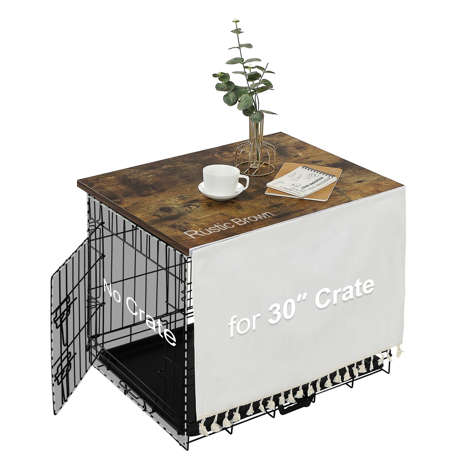 VIE DE AMAN Wood Dog Crate Topper for 48 42 36 24 Inch Cages, Table With Tassel Curtain, Rustic Style Kennel, Brown (Crate Not I