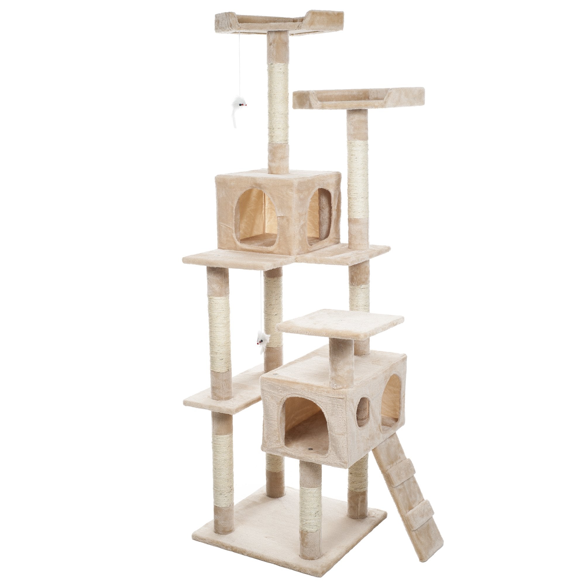 Cat Tree - 5.5-Foot Cat Tower For Indoor Cats With Perches, 2 Condos, 9 Cat Scratching Posts, 2 Hanging Toys, And 2-Step Ladder 