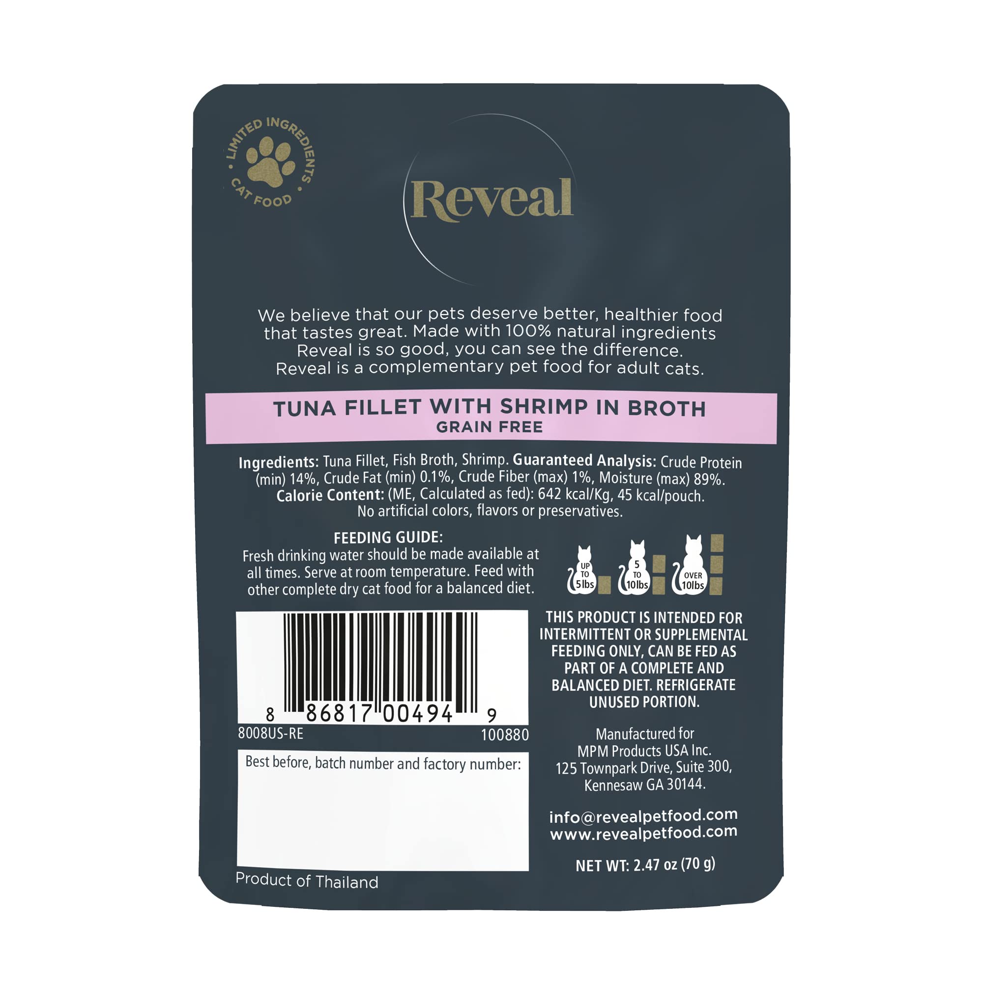 Reveal Natural Wet Cat Food, 12 Count, Grain Free, Limited Ingredient Cat Food Pouches, Tuna with Shrimp in Broth, 2.47 oz Pouch