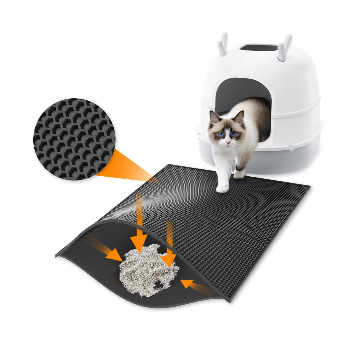 Garoopion Cat Litter Box Mat, Eva Litter Trapping Mat, Double Layer Honeycomb Holes Design 24'' X 15'', Black