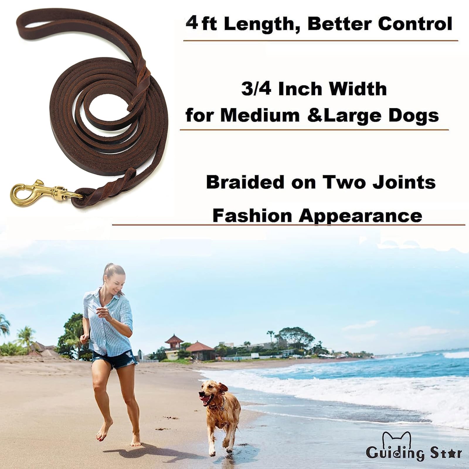 Guiding Star Leather Dog Leash 4Ft, Dog Leashes For Large Dogs Heavy Duty, Soft Braided Handmade Leather Training Leash For Large & Medium Dogs (4Ftx3/4Inch, Brown)