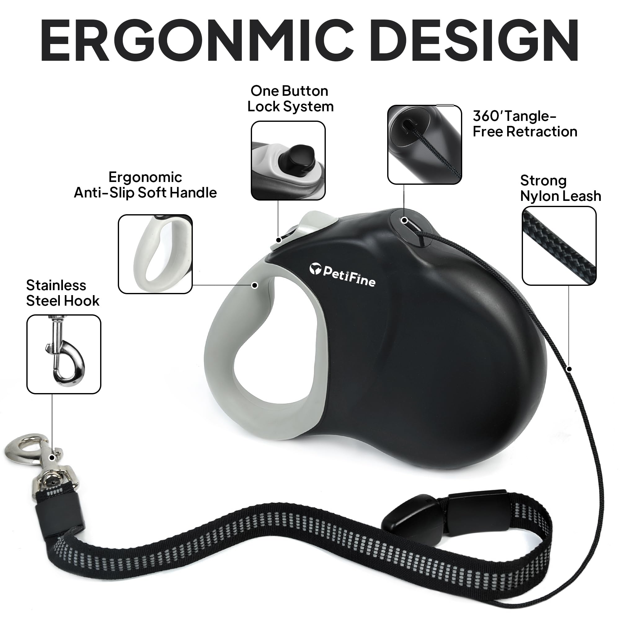 Petifine Retractable Dog Leash,30 Ft Heavy Duty Dog Walking Leash For Medium Large Dogs Up To 110 Lbs, Upgraded No Tangle Long R