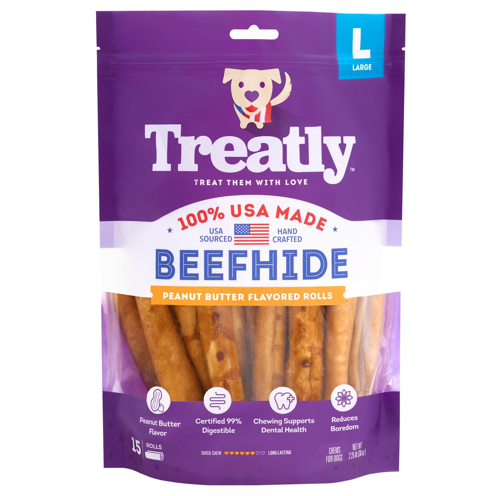 Treatly USA Beefhide Rolls 8-9 Dog Chew Treats - Peanut Butter Flavor, 15 Count/1 Pack