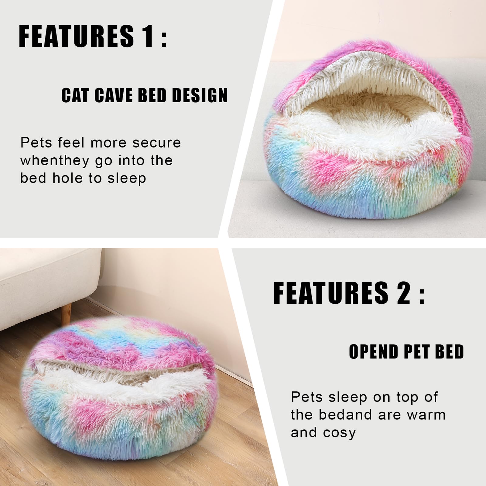 Dazzle Calming Dog & Cat Cave Bed With Washable, Anti-Slip Faux Fur Cover, Comfortable Warming Pet Bed For Small Medium Pets (24