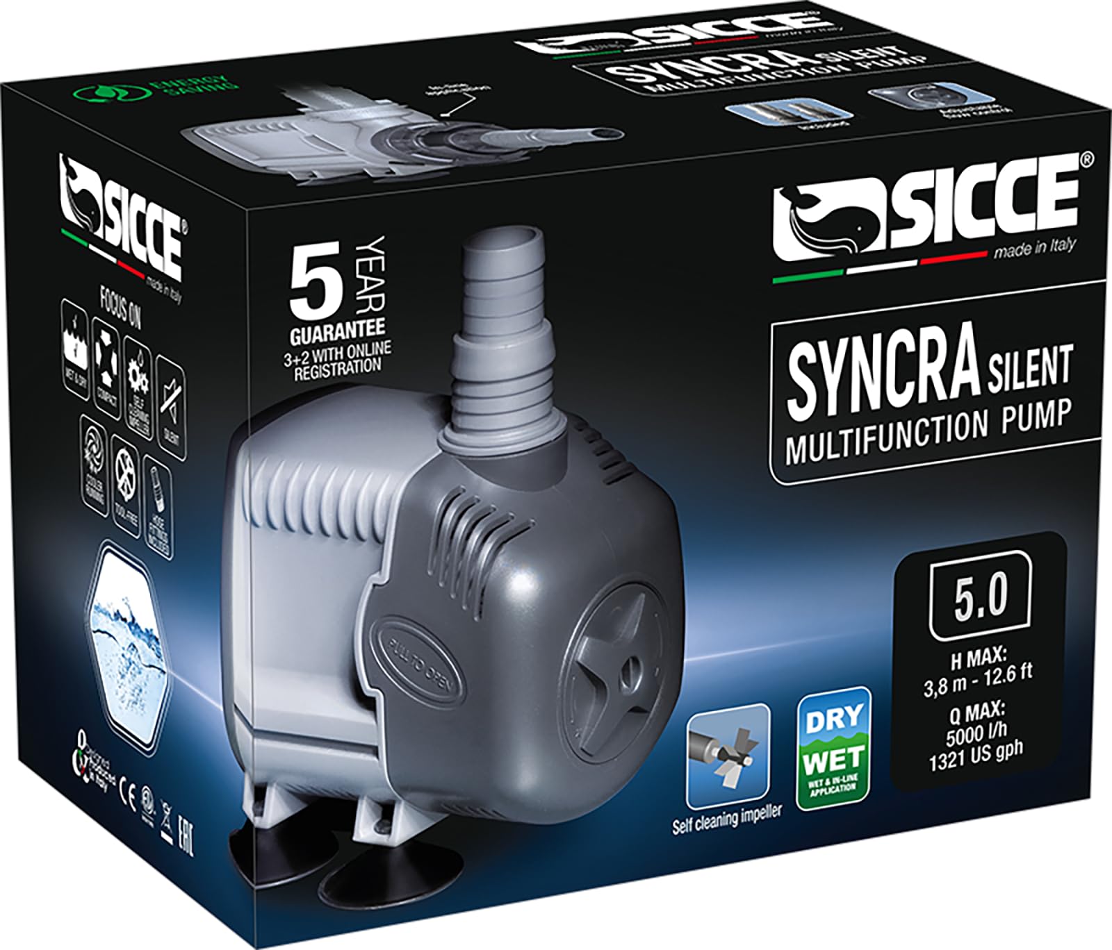 SICCE Syncra Silent 5.0 Multifunction 1321 GPH Submersible Water Pump | Italian Made 105W Ultra Quiet Durable Aquarium Fish Tank