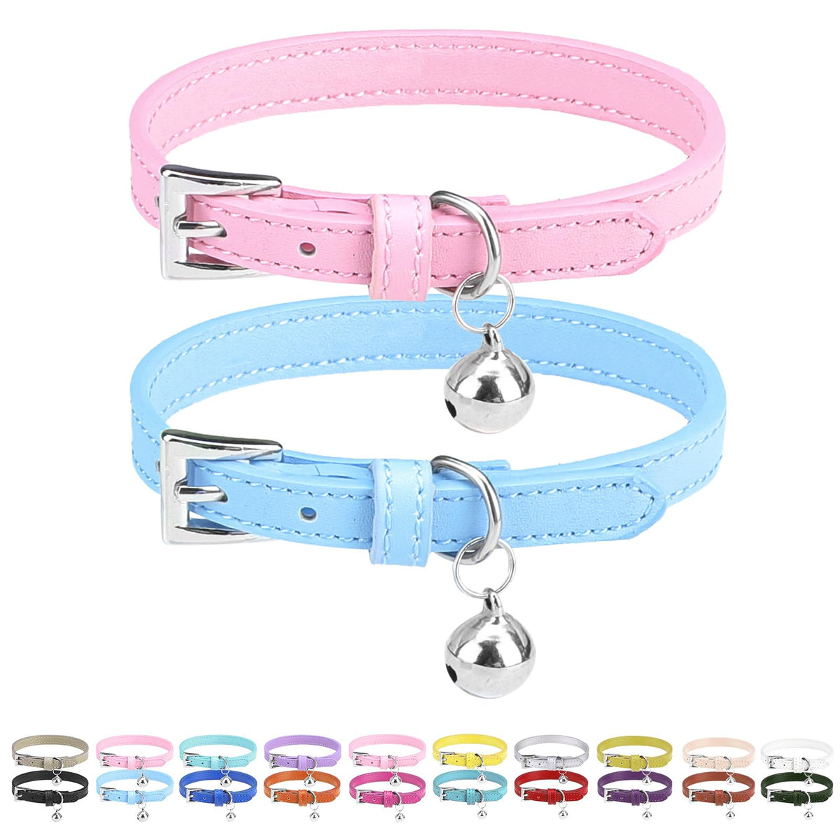 Pupteck 2 Pcs Soft Leather Cat Kitten Collar With Bells Adjustable For Girl Boy Cats Puppy - Pink, Blue