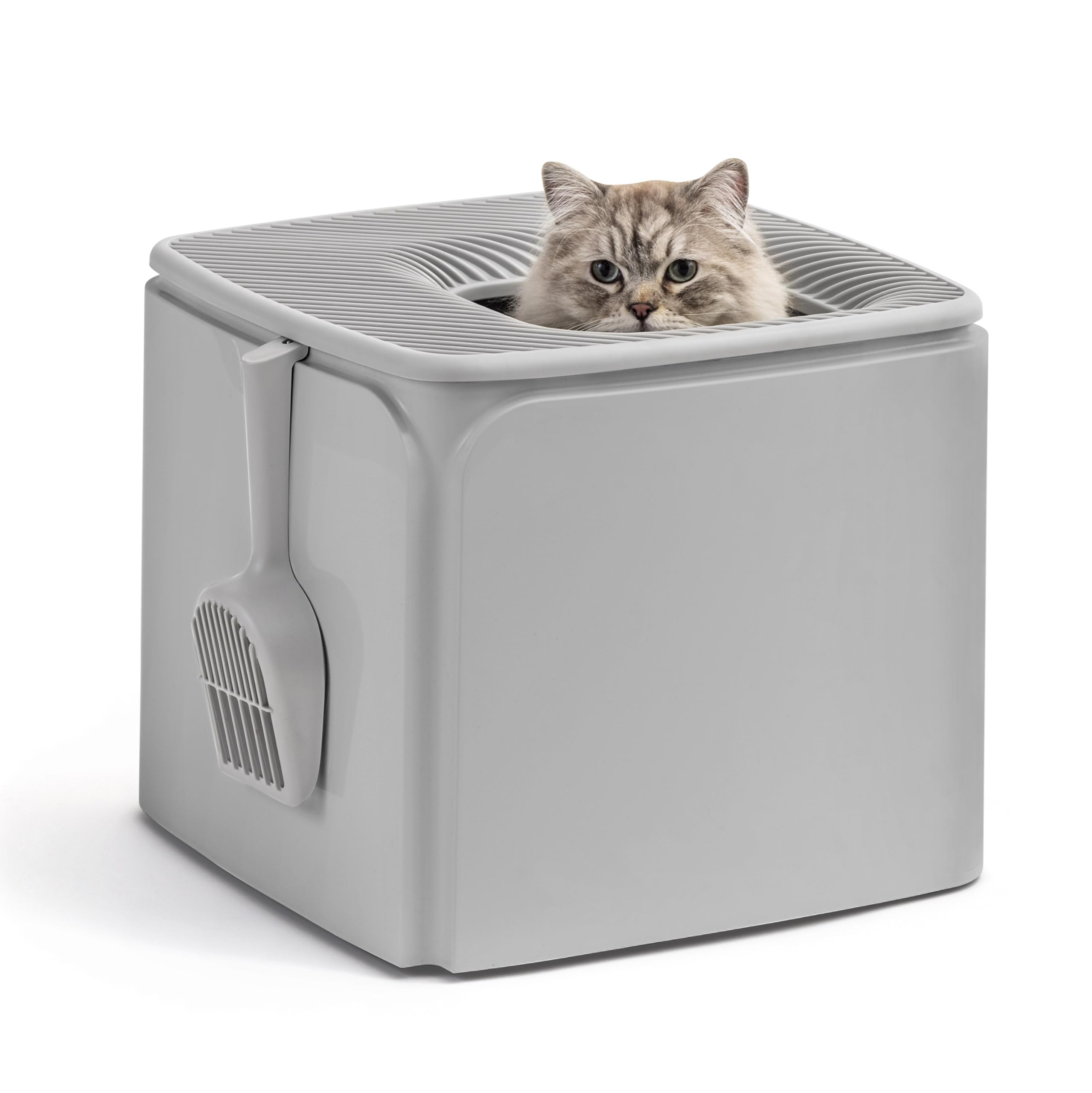 Iris Usa Premium Top Entry Cat Litter Box With Scoop, Square Enclosure For Cat And Kitty, Gray