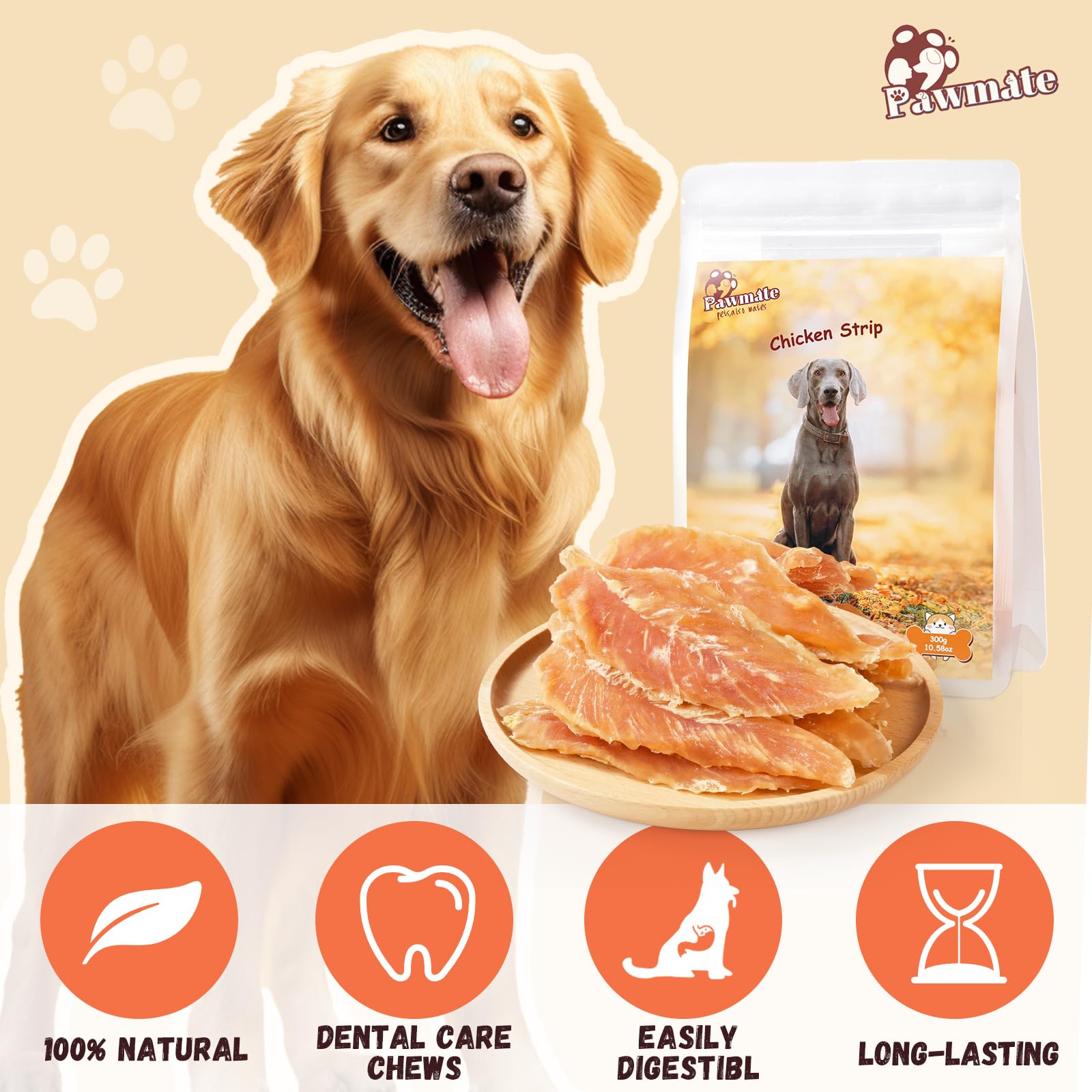 Pawmate Chicken Jerky Tenders, Healthy Natural Chicken Dog Treats w/Taurine Rawhide-Free Grain-Free, High Protein Training Rewar