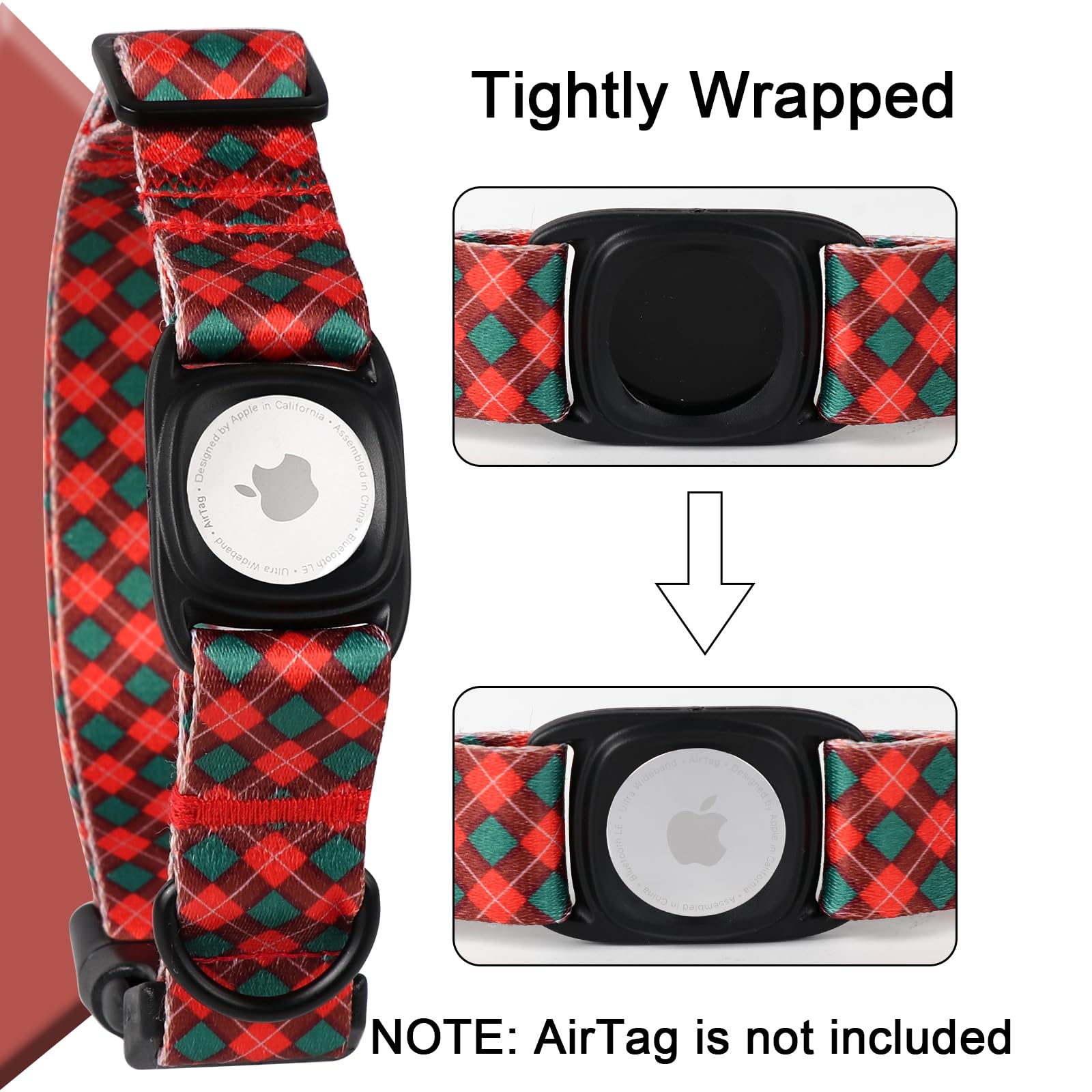 Christmas Dog Collar With Apple Airtag Holder Mr.Chubbyface Red And Green Plaid Dog Collar For Small Medium Large Boy Girl Dogs