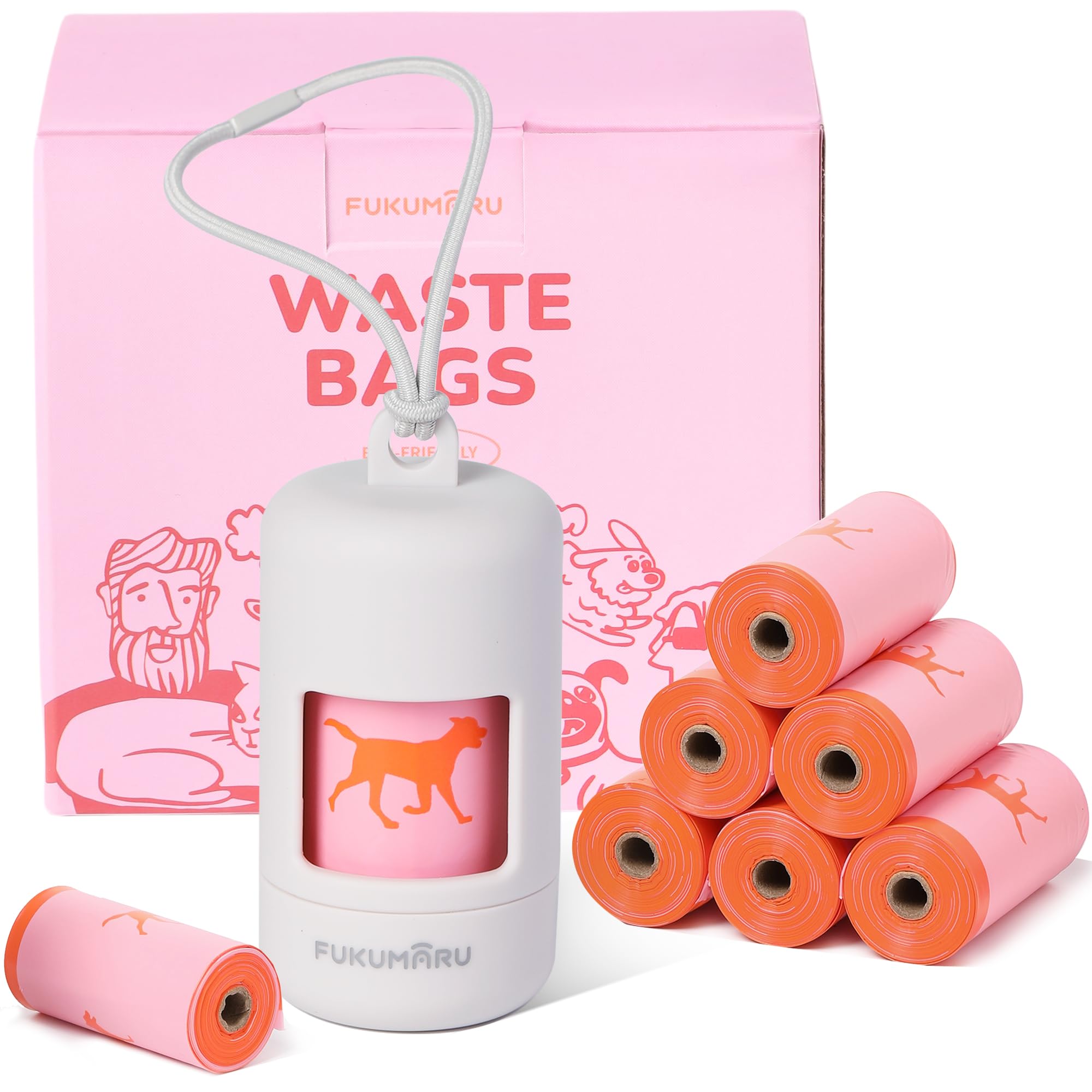 Fukumaru Dog Poop Bags, 120 Rose Scent Poop Bag Holder And Dispenser With Leash Attachment For Dogs, Cats, And Multi-Pet Use - R