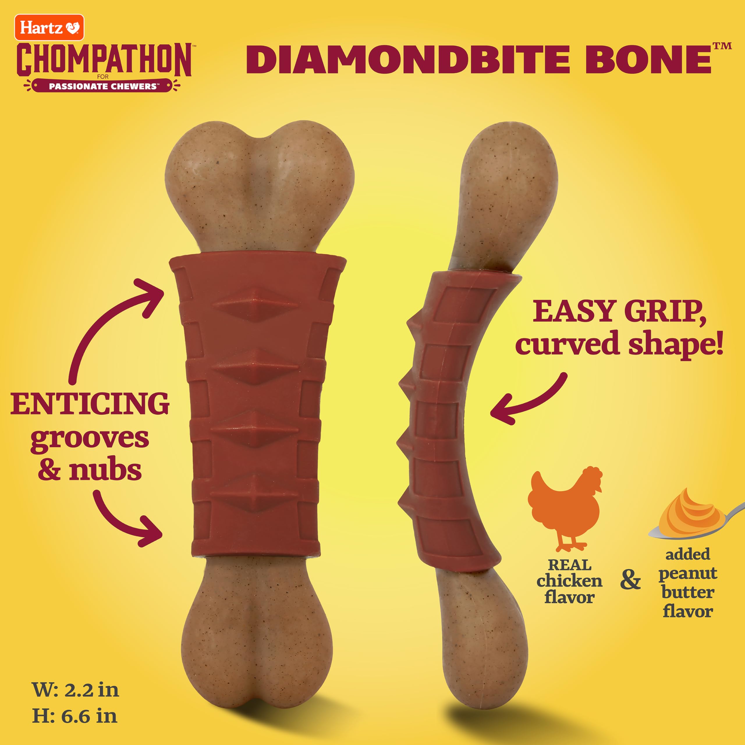 Hartz Chompathon Diamondbite Bone Dog Chew Toy for Aggressive Chewers, Double Layered Flavored with Chicken & Peanut Butter