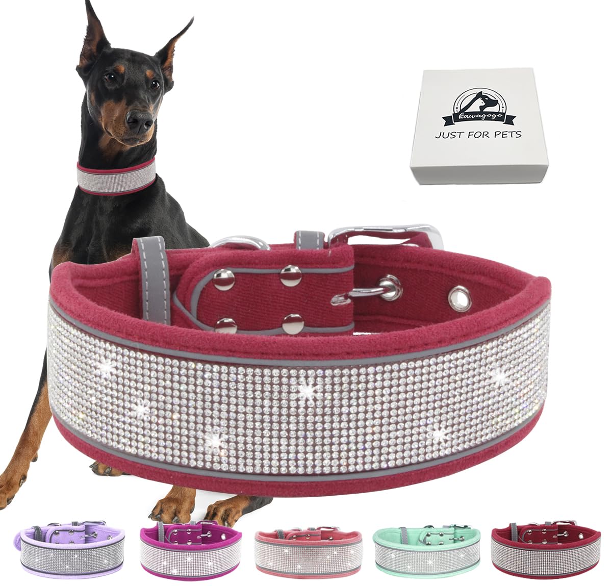 Bling Diamond Dog Collar For Females Girls,Soft Velvet Leather With Fancy Sparkly Crystal Rhinestones,Reflective Stripe,Suit Med