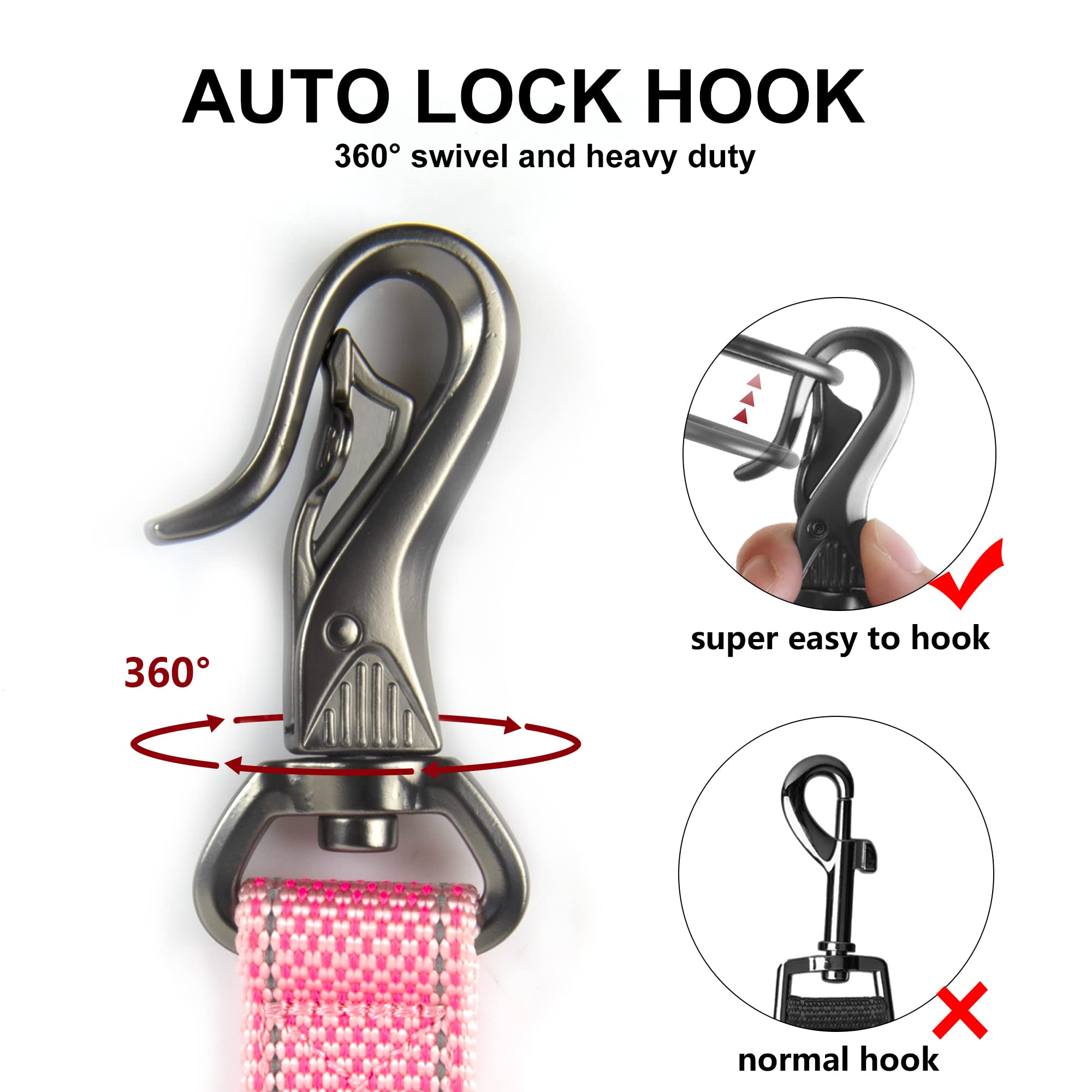 Twoear 5Ft 1In Strong Pink Dog Leash With 4 Padded Handles, Traffic Handle Extra Control, Comfortable Soft Dual Handle, Auto Lock Hook, Reflective Walking Lead For Small Medium And Large Dogs