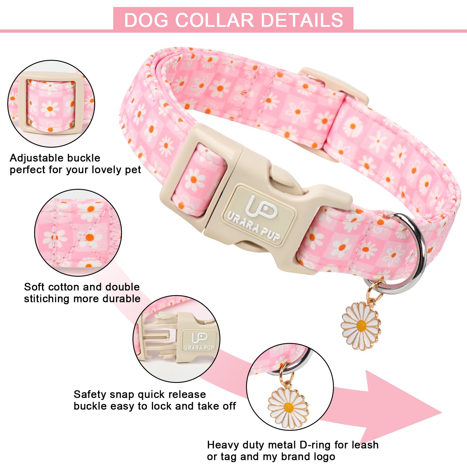 Up Urara Pup Pet Collar-Summer Daisy Dog Collars-Pink Grid Puppy Collar-Adjustable, Sturdy & Cute Girl Boy Dog Collars For Outdo