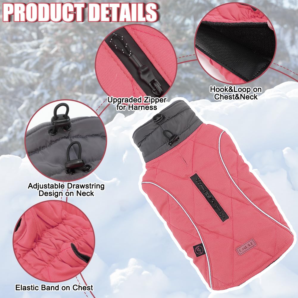 Emust Thick Winter Dog Coat For Medium Boys With Harness Hole - Cold Weather Clothes, Pink, M