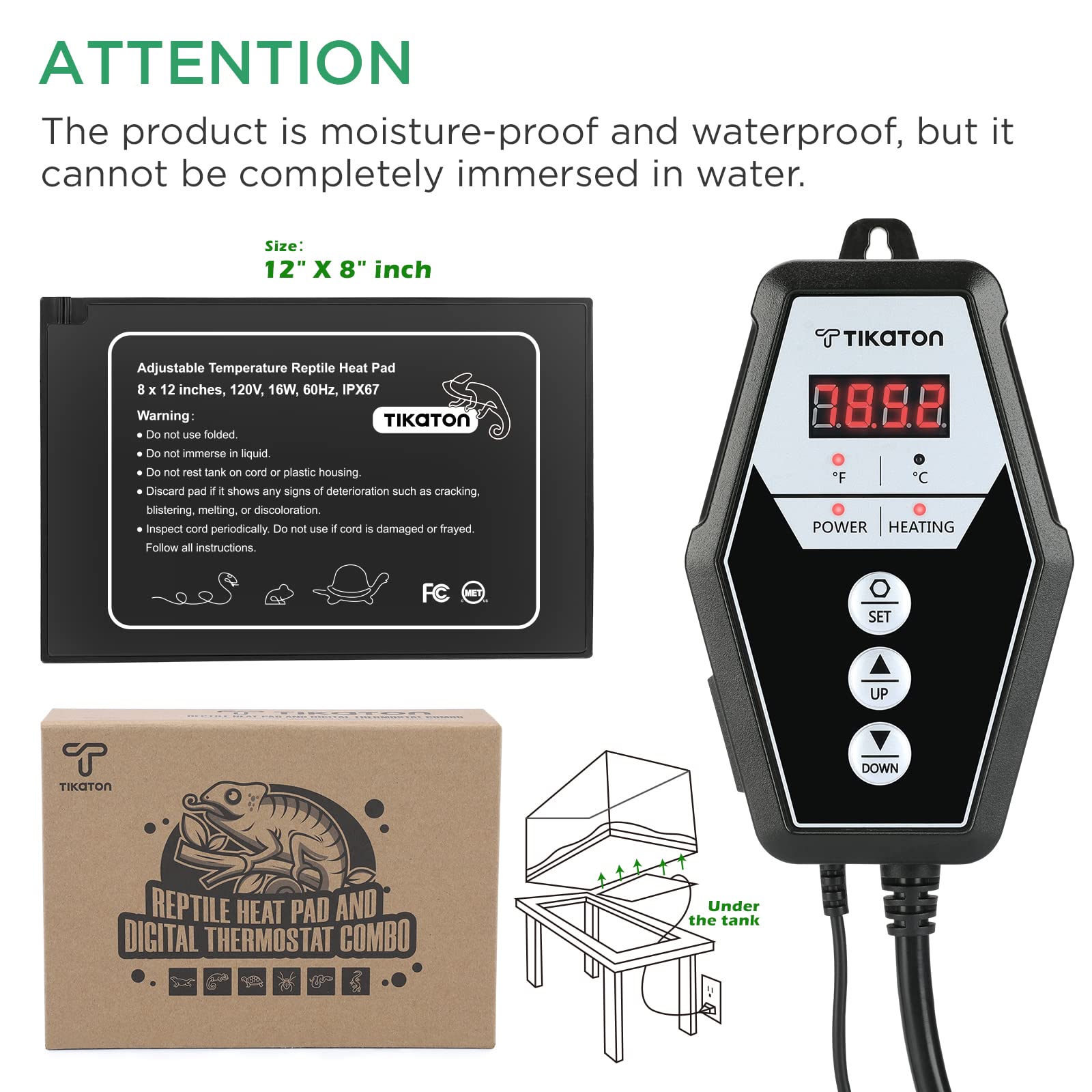 Tikaton Reptile Heating Pad And Digital Thermostat Combo Set, Under Tank Heater For 10-20Gal/30-40Gal Tank, Terrarium Heat Mat F
