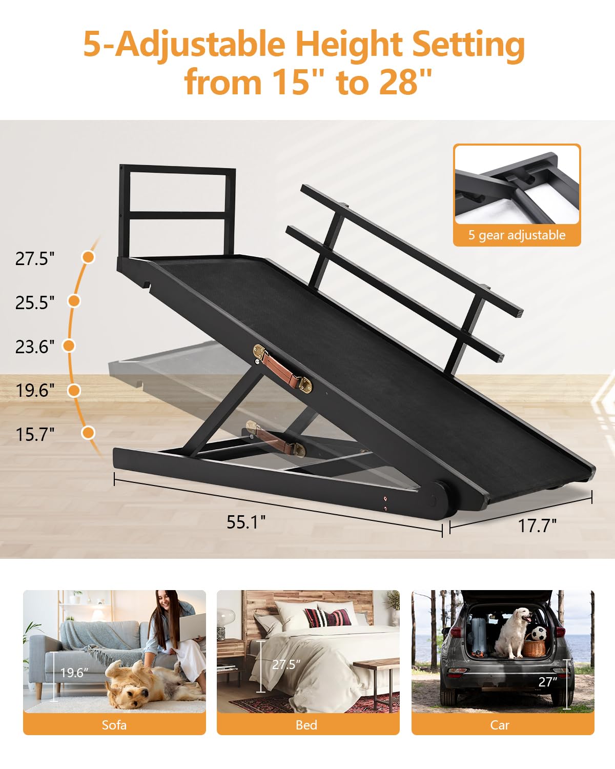 Dog Ramp For Bed, Dogs Bed Ramps For Large Dogs, Pet Ramp For Doggie To Get On Beds, 5-Position Pet Ramps For Large/Medium Dog F