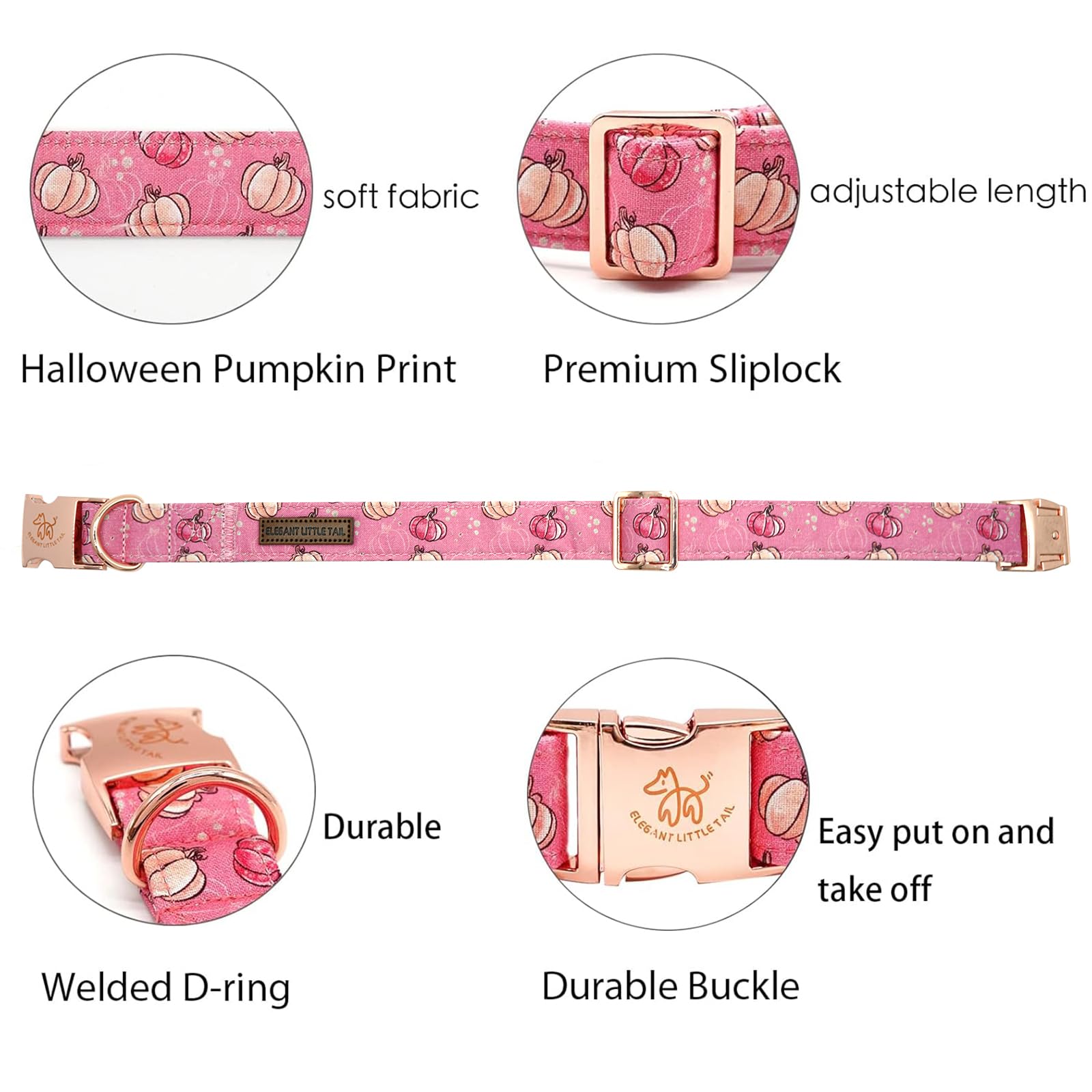 Elegant Little Tail Pumpkin Print Cotton Dog Collar With Metal Buckle For Medium Dogs