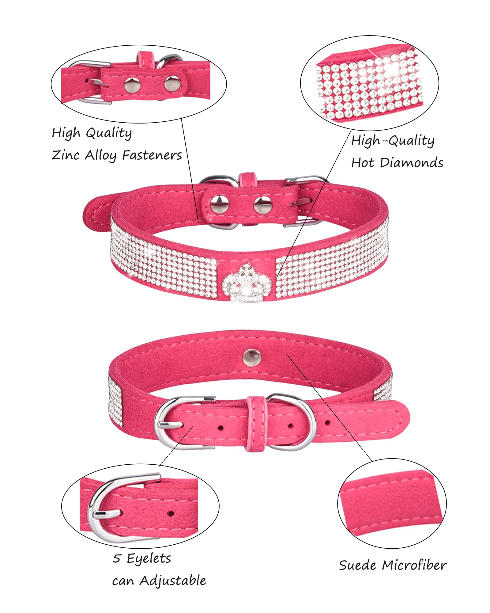 Dog Collar For Small Dogs, Adjustable Leather Suede Bling Dog Collars,Pink Dog Collar Cat Collar, Rhinestone Dog Collar (M, Rose