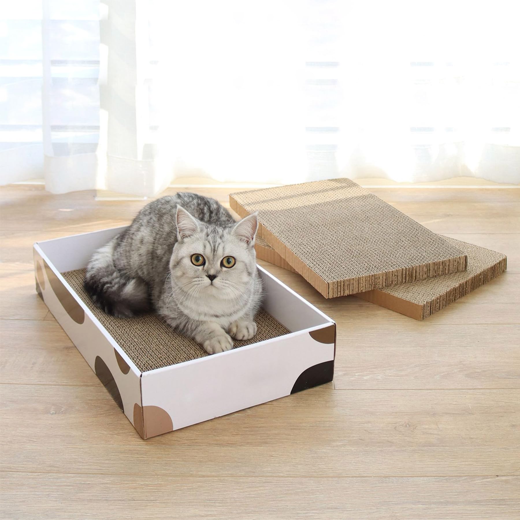Comsaf Cat Scratcher Carboard Refill Box With 3 Pieces 17'X10' Board, Kitty Cat Scratching Pad Recycle Corrugate Scratcher Cat Scratch Lounge Long Lasting Reversable