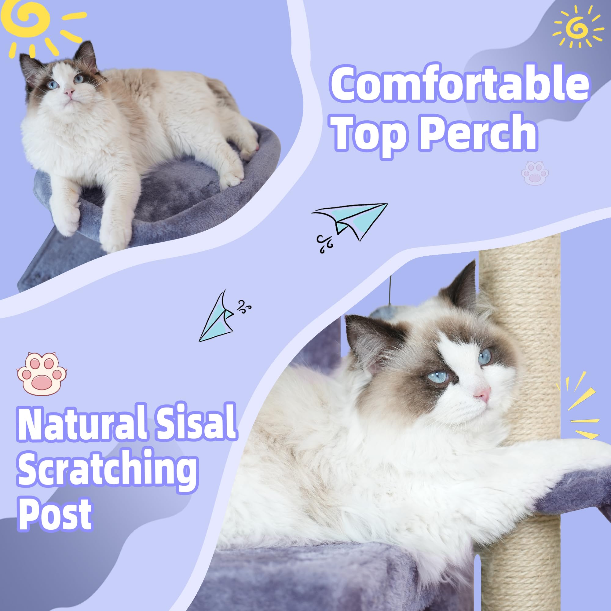 Aiwikide Multifunction Cat Tree Has Cozy Hammock & Hanging Ball, Cat Tower With Activity Centre Furniture & Jute-Covered Scratch