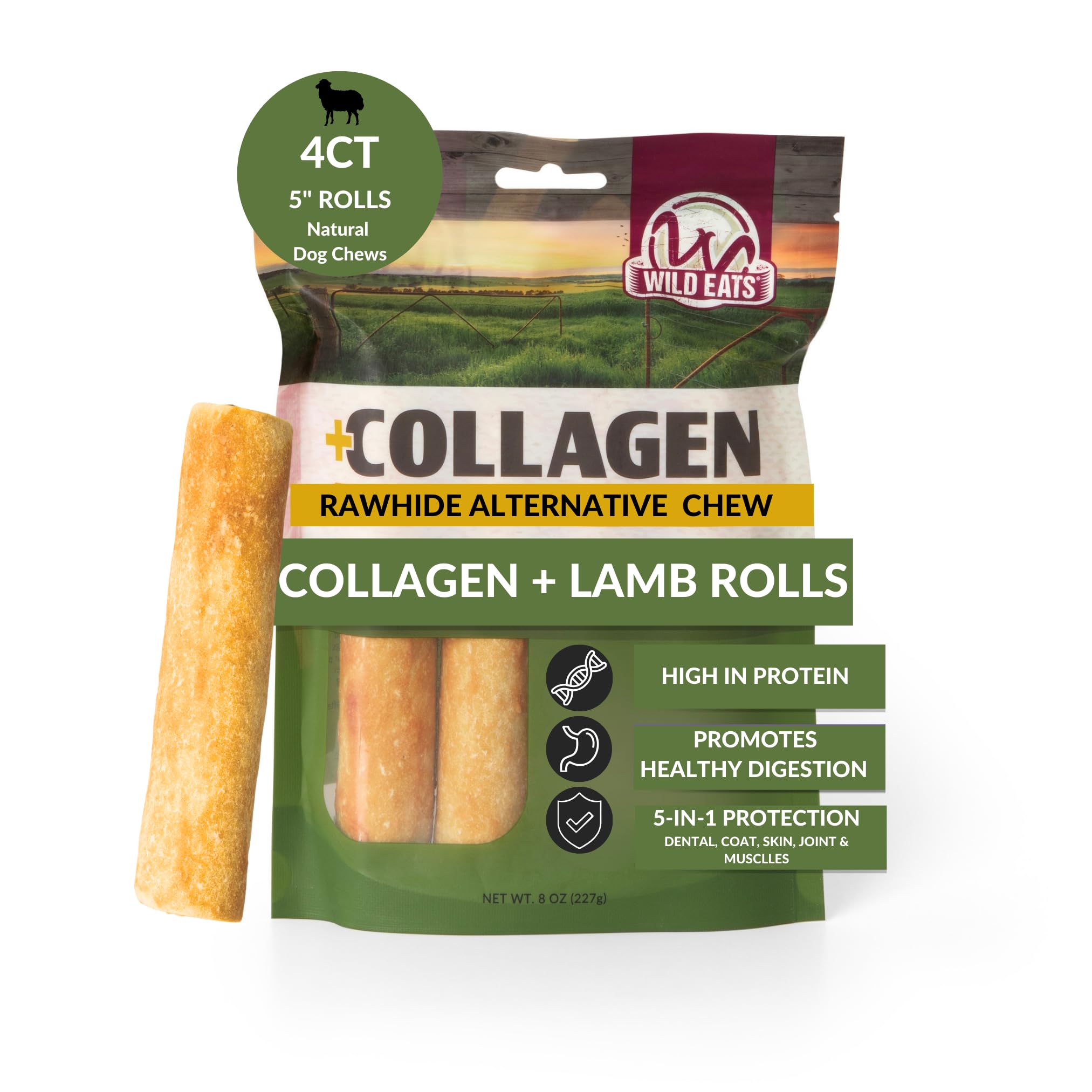 Wild Eats Lamb Flavor Collagen Retriever Style Cheek Rolls 5 Dog Chews-4 Pack (Long Lasting Dog Chews Treats & Bones for Medium 