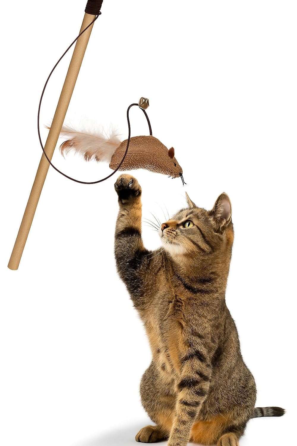 Kittupet Interactive Mouse Cat Toy With Bell | Sisal Wand Dangler Teaser Stick For Indoor Cats & Kittens | BiteSafe Plush Mouse