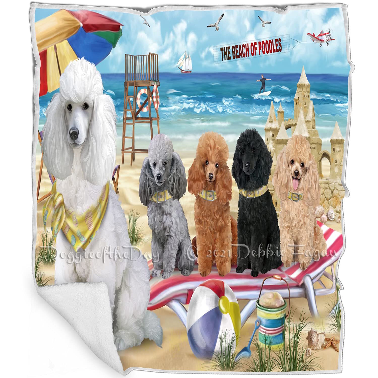 Doggie of the Day Poodle Dogs  Pet Friendly Beach  Dog Print, Dog Lovers Gift  Fleece, Sherpa & Tasseled Woven Durable Throw 