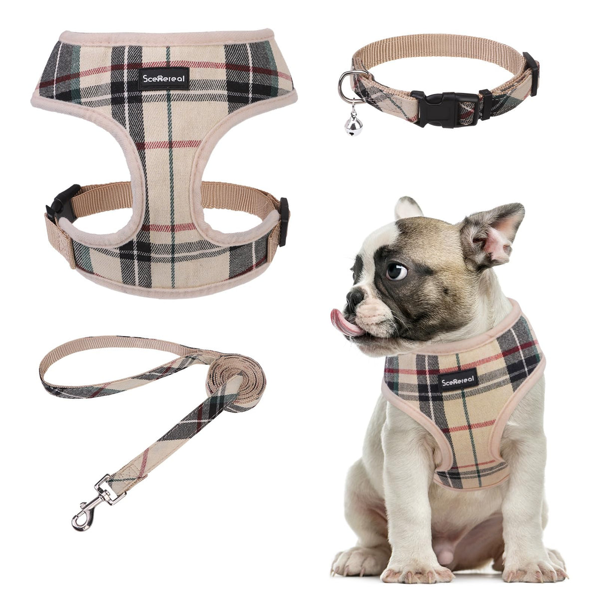 Scenereal No Pull Dog Harness Collar And Leash Set Small Medium Sized Dog, Soft Mesh Step In Puppy Harnesses, No Chock Plaid Adj