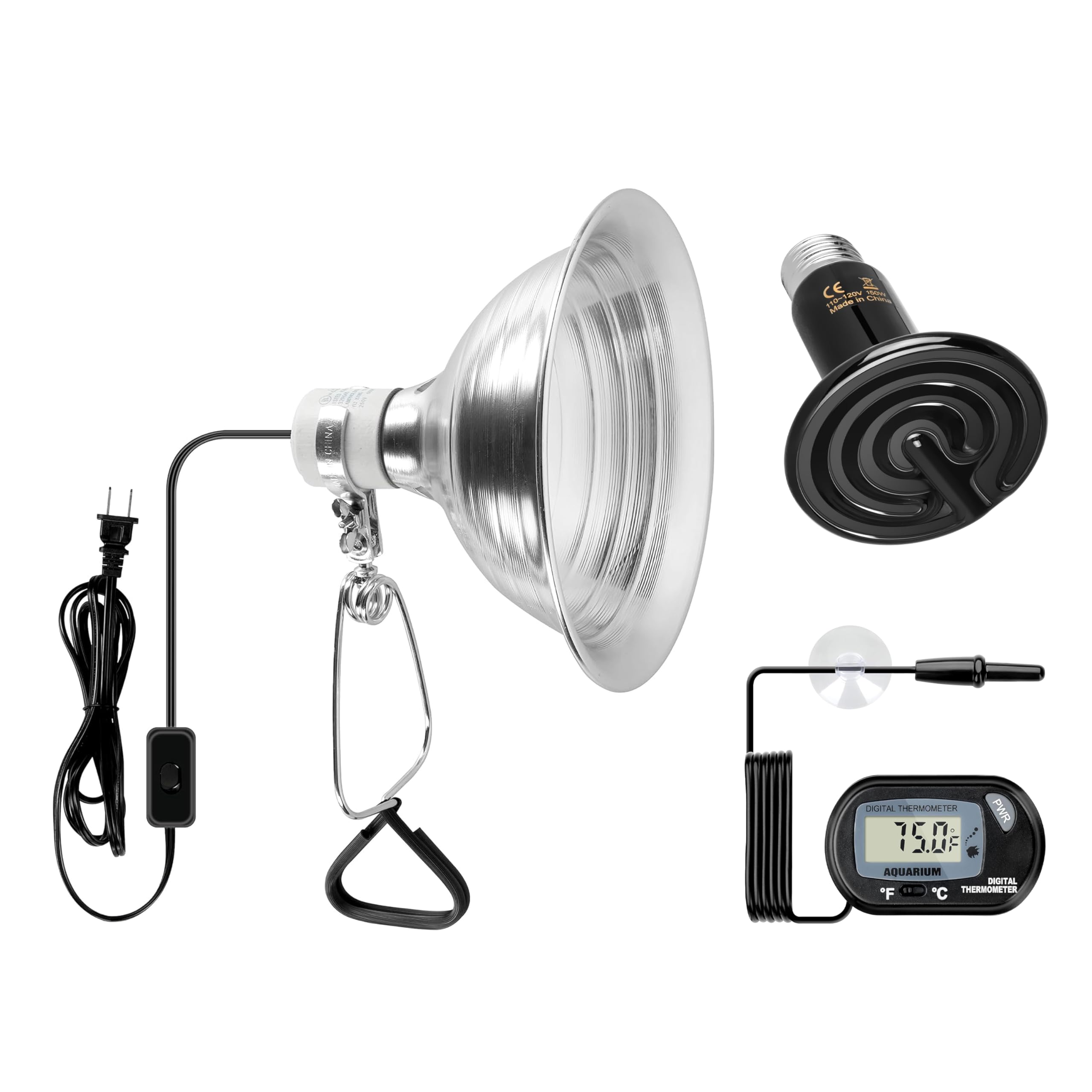 Simple Deluxe 150W Ceramic Reptile Heat Lamp Bulb & 150W Clamp Light with 8.5'' Aluminum Reflector, LCD Digital Aquarium Thermom