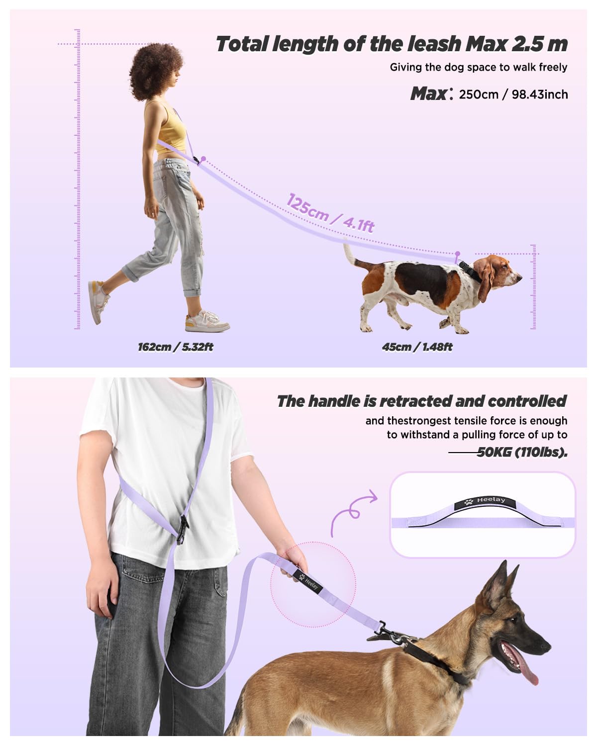 Heelay Hands Free Dog Leash, 8.2ft Multifunctional Crossbody Rope with Explosion-Proof Handle and Adjustable Training Hands Free