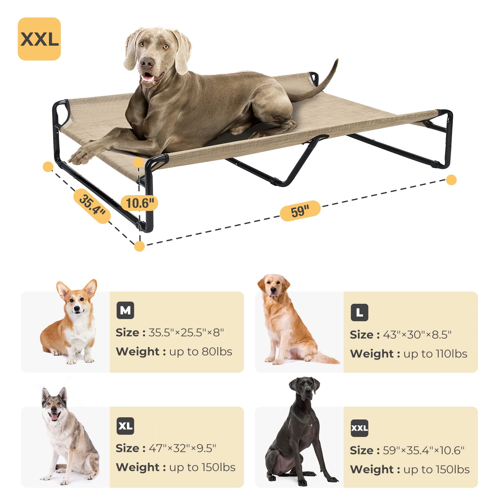 Veehoo Original Cooling Elevated Dog Bed, Outdoor Raised Dog Cots Bed For Large Dogs, Chew Proof Standing Pet Bed With Washable Breathable Mesh, No-Slip Feet For Indoor Outdoor, Xx-Large, Beige Coffee