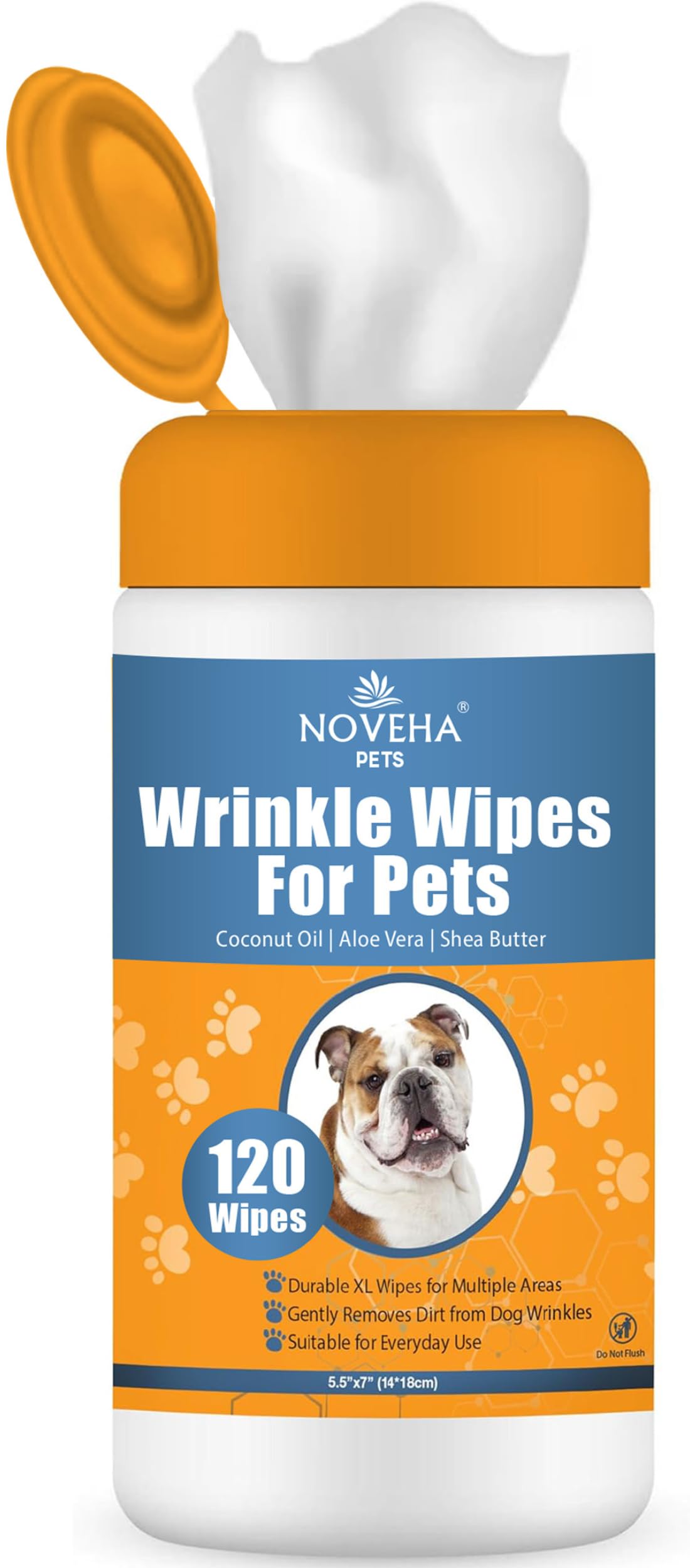 NOVEHA 5   x7    Large Dog Wipes | Wipes for Bulldog, French Bulldog, Pug, English Bulldog | Deodorizing, for Multiple Areas Rem