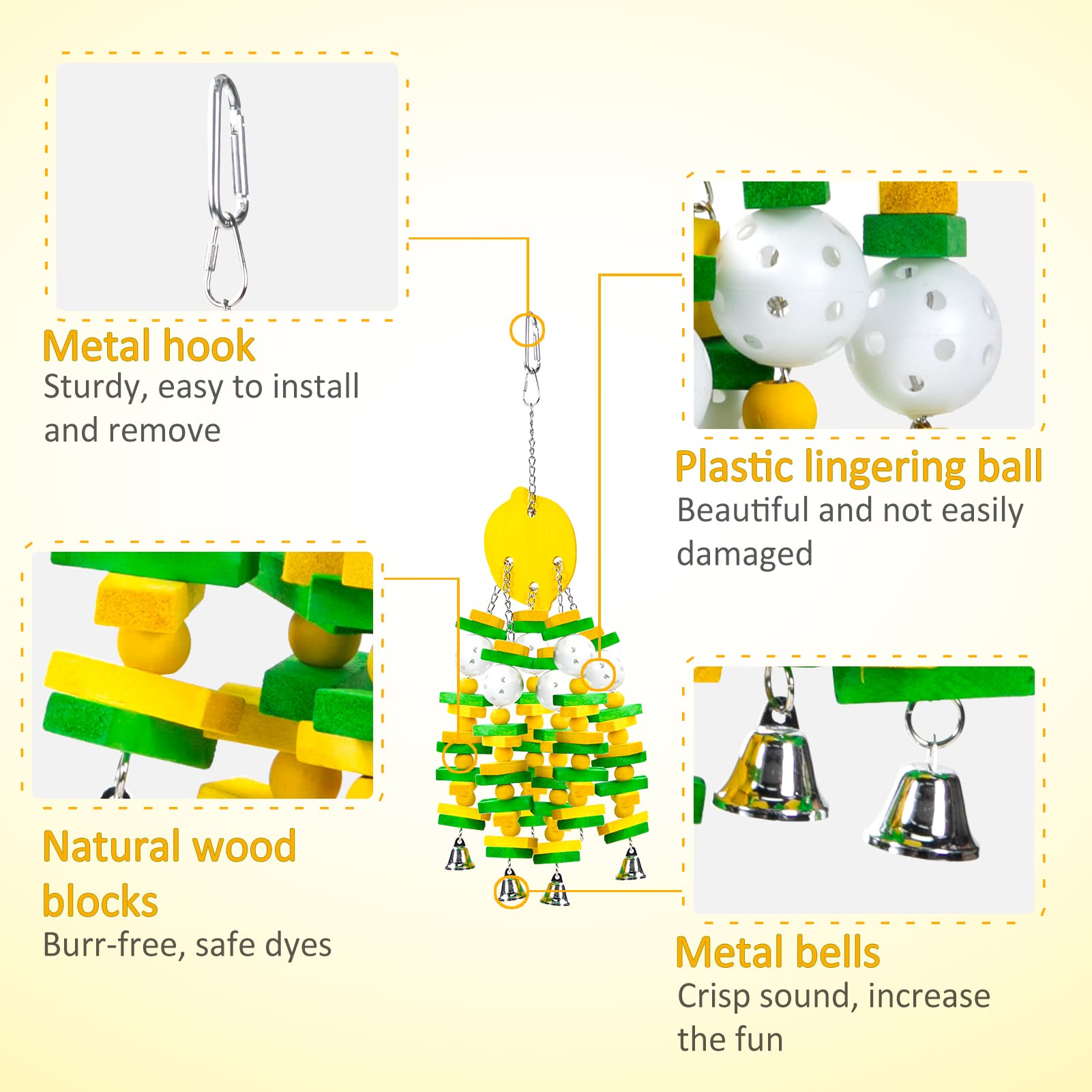 Mewtogo Parrot Toys, Safe Healthy Parrots Cage Chewing Toy With Colorful Wood Blocks Crisp Bells For Macaws African Grey And Ama