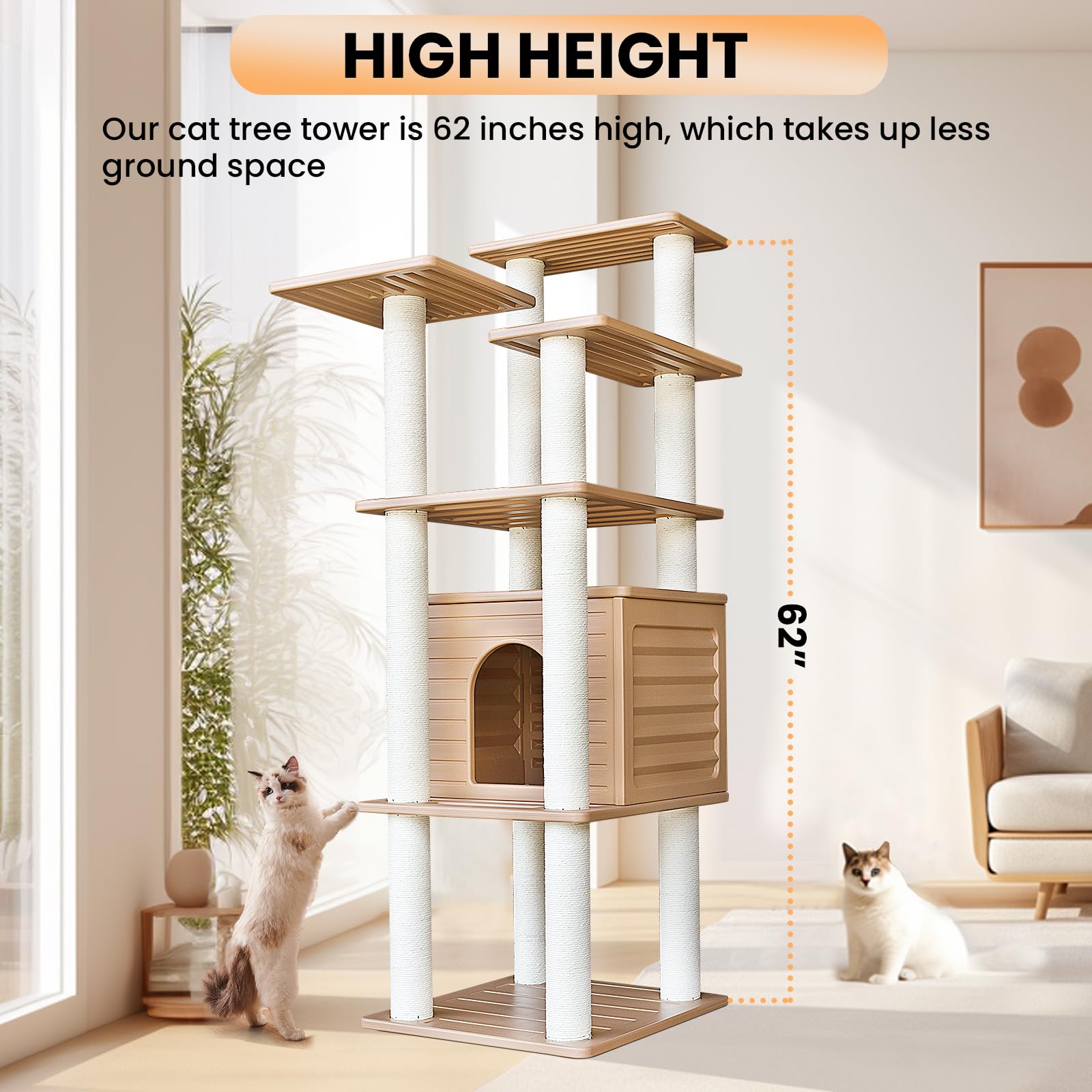 Maohegou 62    Tall Cat Tree For Outdoor And Indoor Cats, Weatherproof Large Outdoor Cat Condo With Scratching Posts