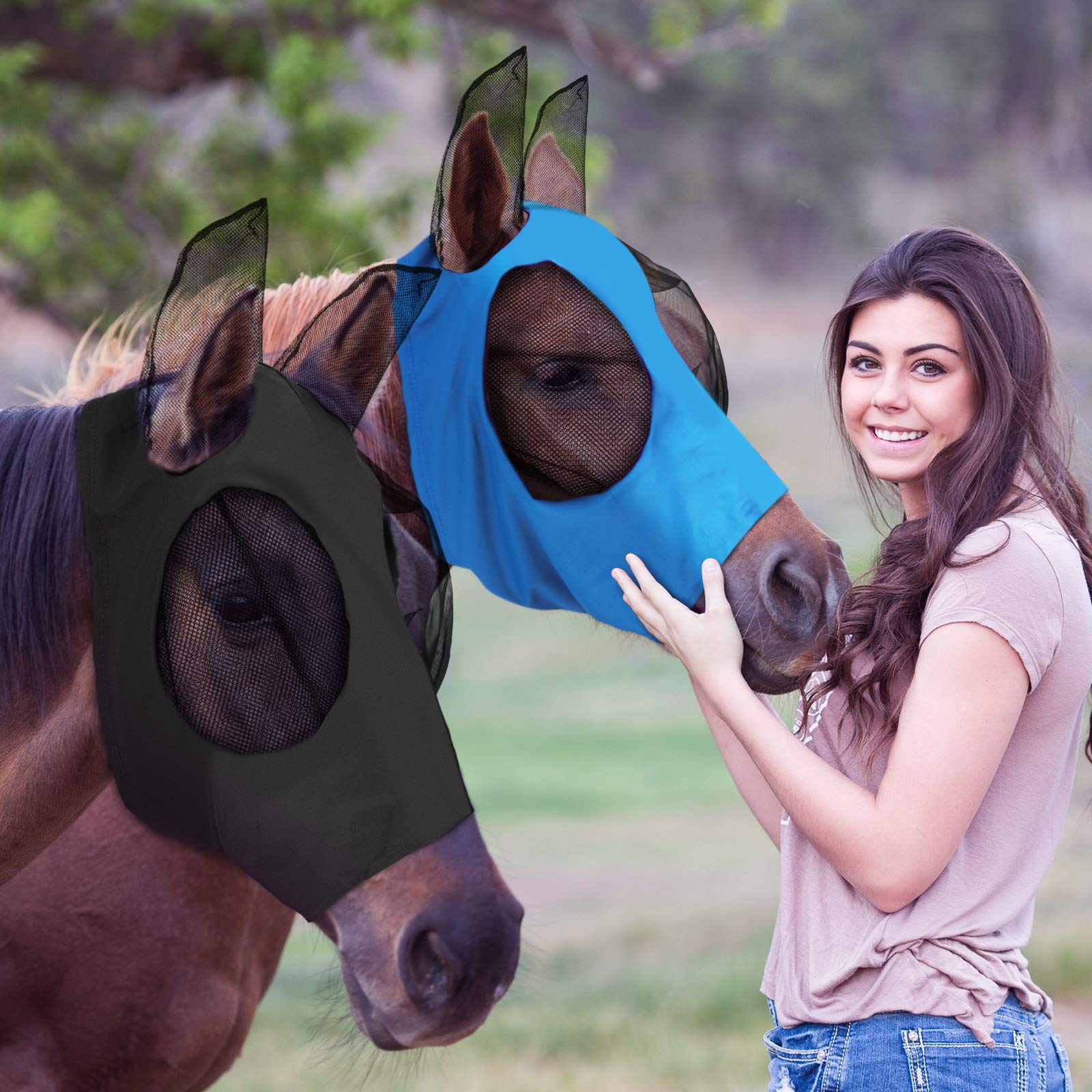 Weewooday 2 Pieces Horse Fly Masks for Horses Horse Mask with Ears Smooth and Elasticity Fly Mask with UV Protection(Blue, Black