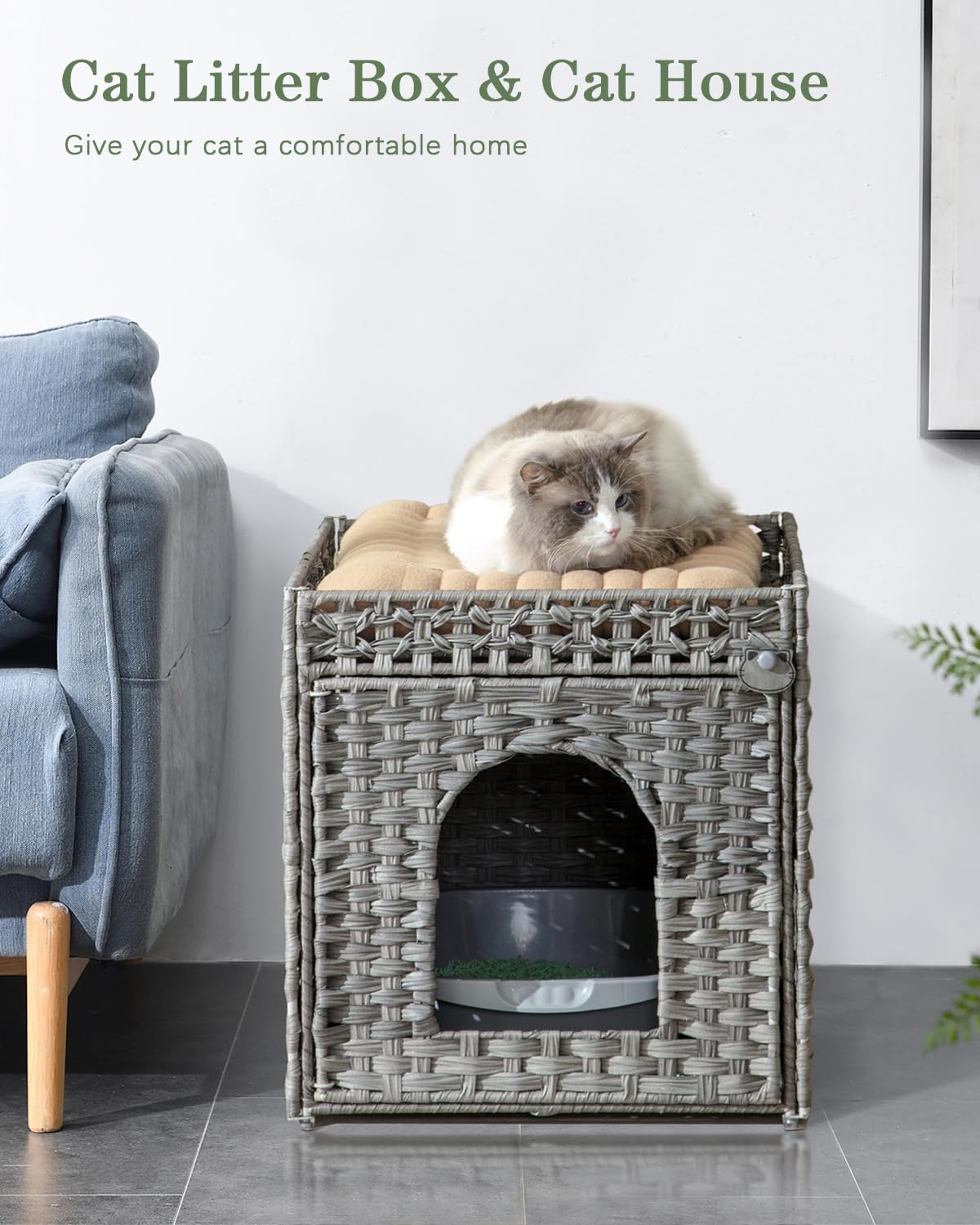 Setvson Cat Litter Enclosure With Hidden Litter Mat And Rattan Cat House, Supports Two Litter Boxes, Ideal For Living Room Or Be