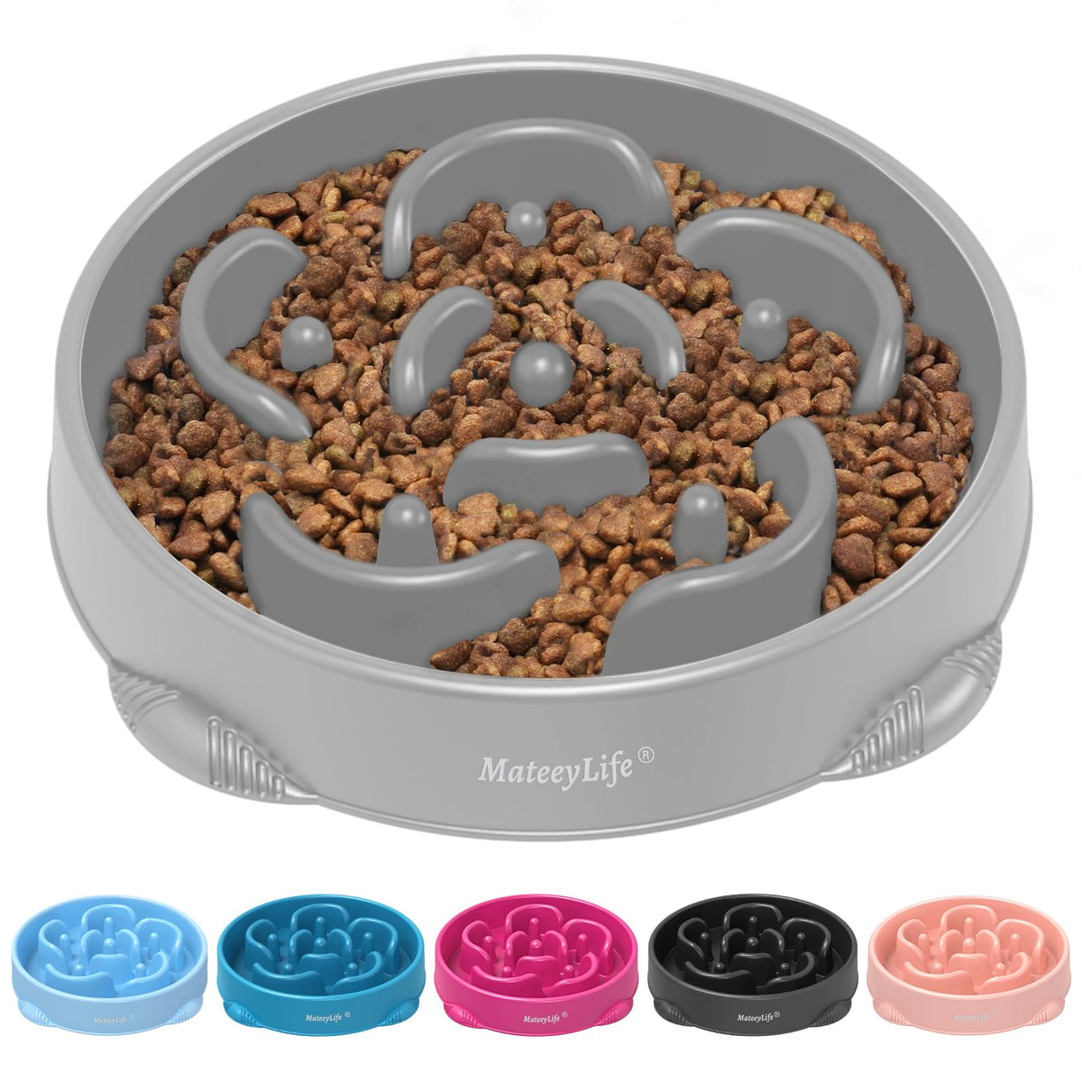 Mateeylife Large Slow Feeder Dog Bowls, Anti-Choking Puzzle Dog Food Bowls, Non Slip Interactive Dog Feeding Bowls Slow Down Eating, Bloat Stop Maze Dog Dishes Dog Feeder For Large Breeds 4 Cups Gray