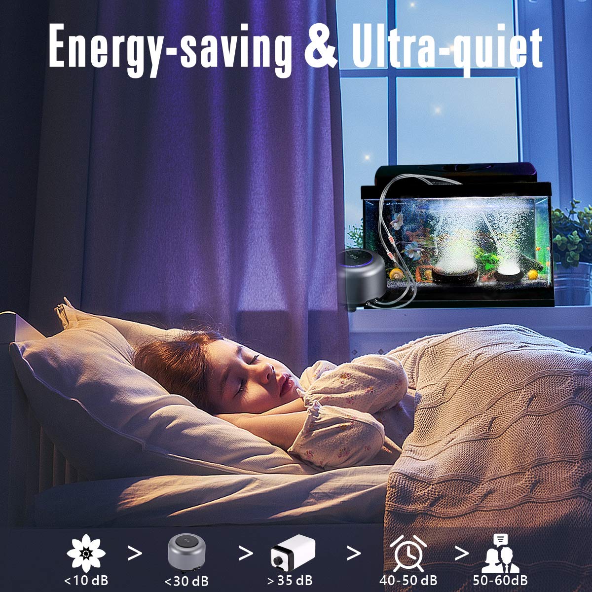 Aqqa Aquarium Air Pump,5W 10W Powerful 2 Outlets,Fashion Ultra-Quiet Energy-Saving Oxygen Pump Adjustable 4 Airflow Rate Grades,Freshwater And Marine Fish Tank 10W (Up To 600 Gallon