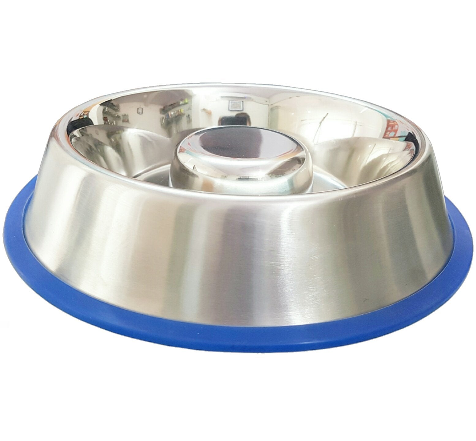 Mr. Peanut's Stainless Steel Interactive Slow Feed Dog Bowl with a Blue Base, Fun Healthy Bloat Stop Feeder (Large)
