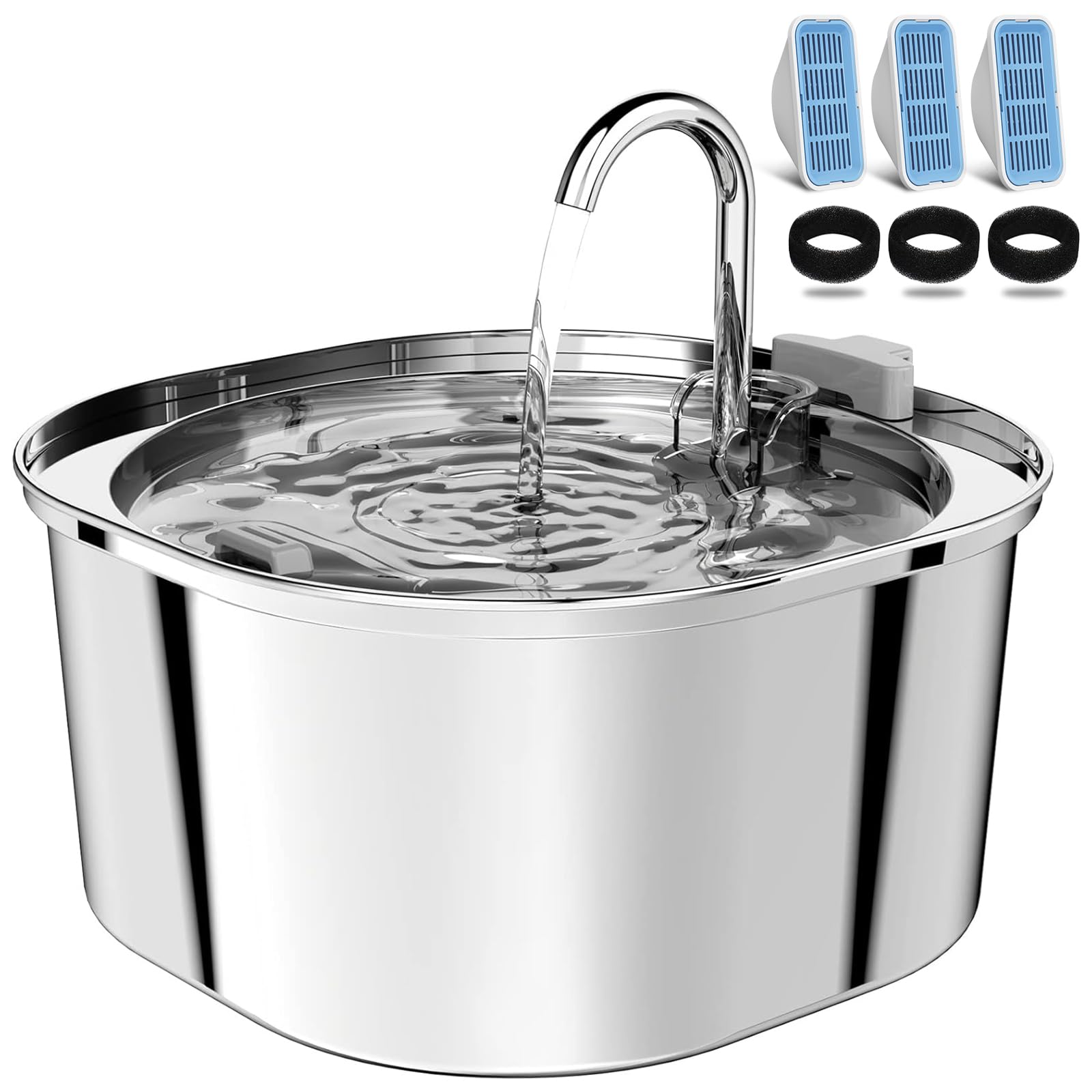 Pektaco Cat Water Fountain, 3.2L/108Oz Stainless Steel Pet Water Fountain For Cats/Dogs Indoor, Dog Drinking Dispenser Metal Kitty Spout With 3 Replacement Filters