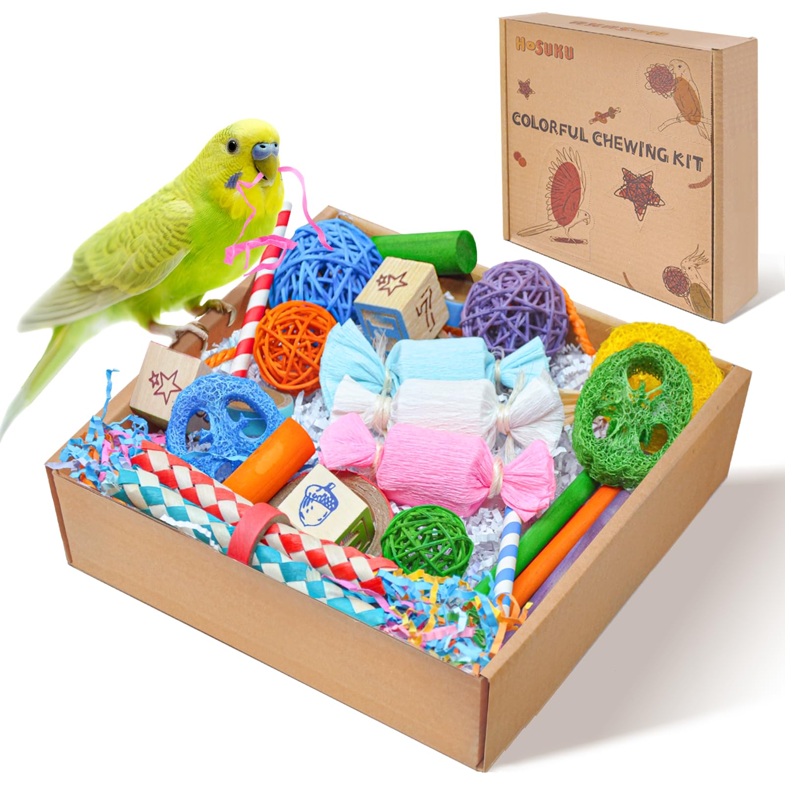 HOSUKU Colorful Bird Foraging & Shredding Toys Box - Safe Bird Toys for Parakeets, Cockatiels, Conures & Small Birds, Perfect fo