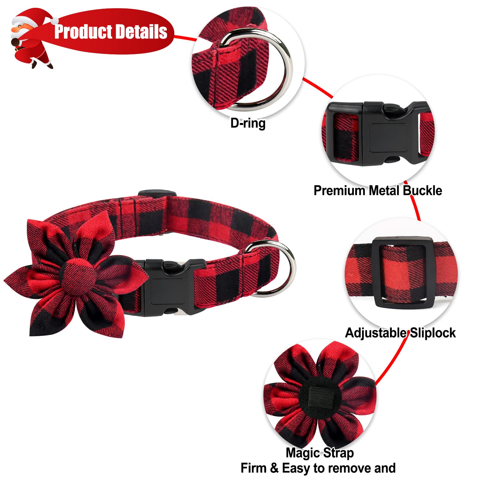 Malier Christmas Dog Collar With Bow Tie, Classic Buffalo Plaid Dog Collar With Buckle Adjustable Collar For Small Medium Large