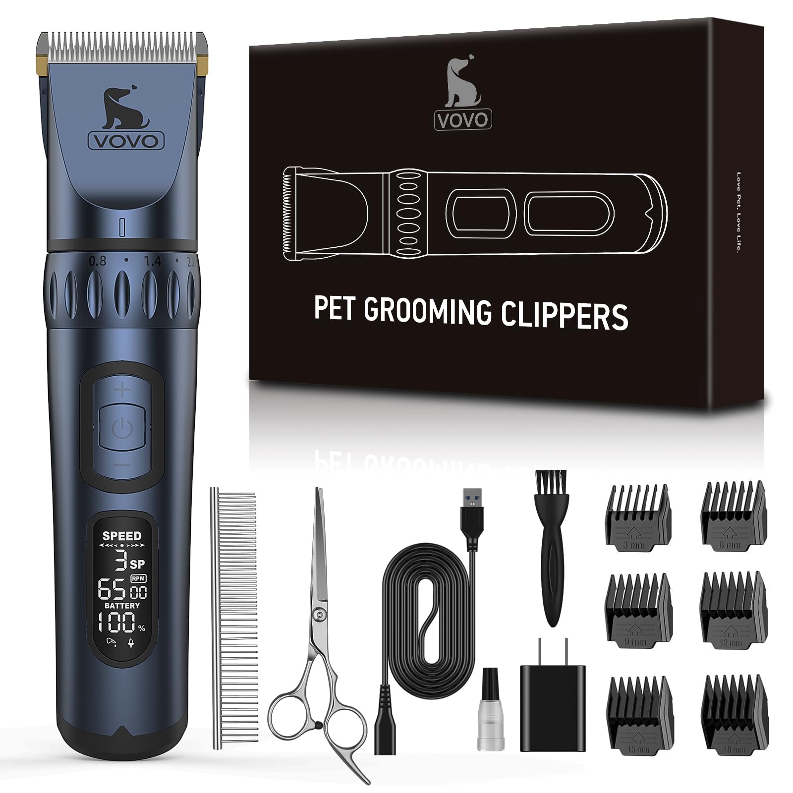 Vovo Dog Clippers - 3-Speed Heavy Duty, Low Noise Rechargeable Cordless Electric Dog & Cat Grooming Kit (Blue)